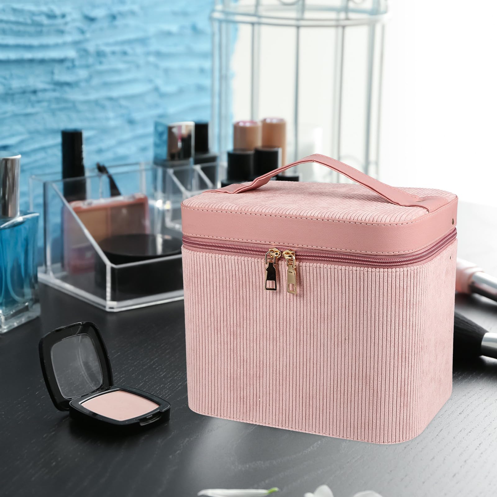 Hohopeti Doppellagige Kosmetiktasche Damen mit Spiegel Robuste Reisekosmetiktasche Rosa Tragbarer Kulturbeutel für Make Up und Hautpflege