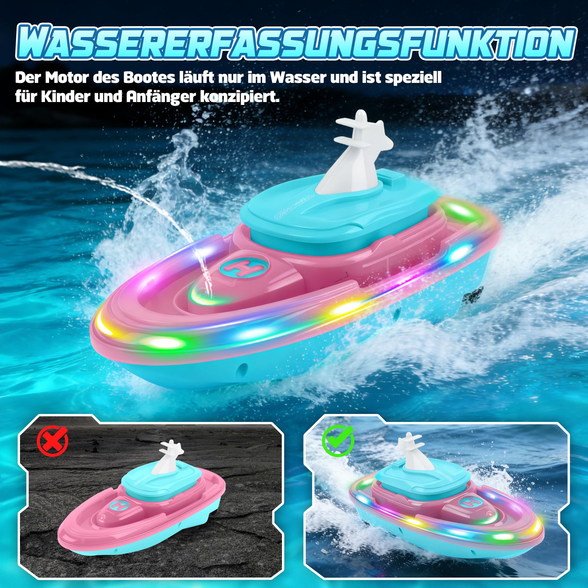 FORMIZON Ferngesteuertes Boot, RC Boot mit Wasserspritzfunktion, Wasserdichter Luftkissenboot ferngesteuert, Fernbedienung U-Boot mit Licht und 360° Rotation für Kinder ab 6 Jahren (Rosa) - 3