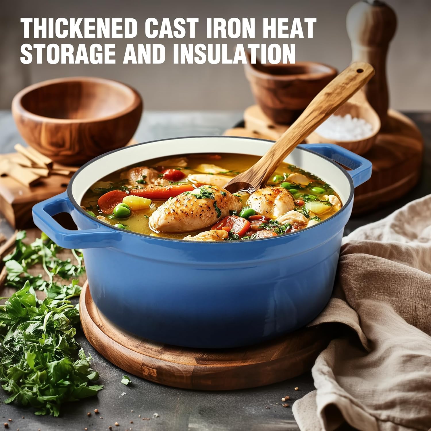 HAUSHOF Steak Knives Set of 4, Sharp Serrated Steak Knives, 5.3QT Enameled Cast Iron Dutch Oven with Lid, Non-Stick Pot for Sourdough Bread Baking, Stewing, Rosting, Blue