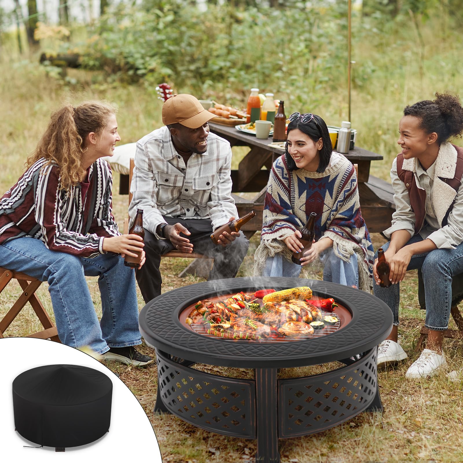 TLSUNNY Braciere da Giardino, Braciere da Esterno Multifunzionale, Braciere Rotondo con Parascintille e Griglia per galvanizzata, outdoor fire pit 80x80x50 cm, per Spiaggia, Camping,Riscaldamento,BBQ