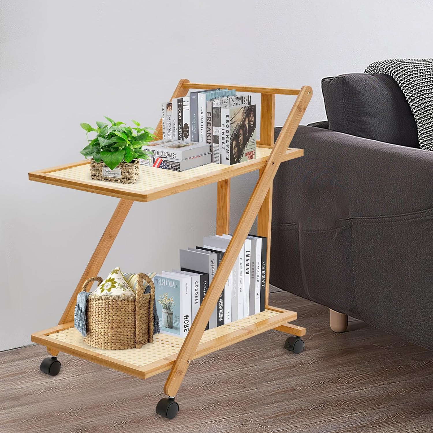 2-Tier Foldable Rolling Coffee Bar Cart Home Utility Cart Storage Organizer Rack on Wheel, Multifunctional Storage Trolley Shelving Unit for Bar Cafe Studio Kitchen Dining Bedroom- A Style Nature
