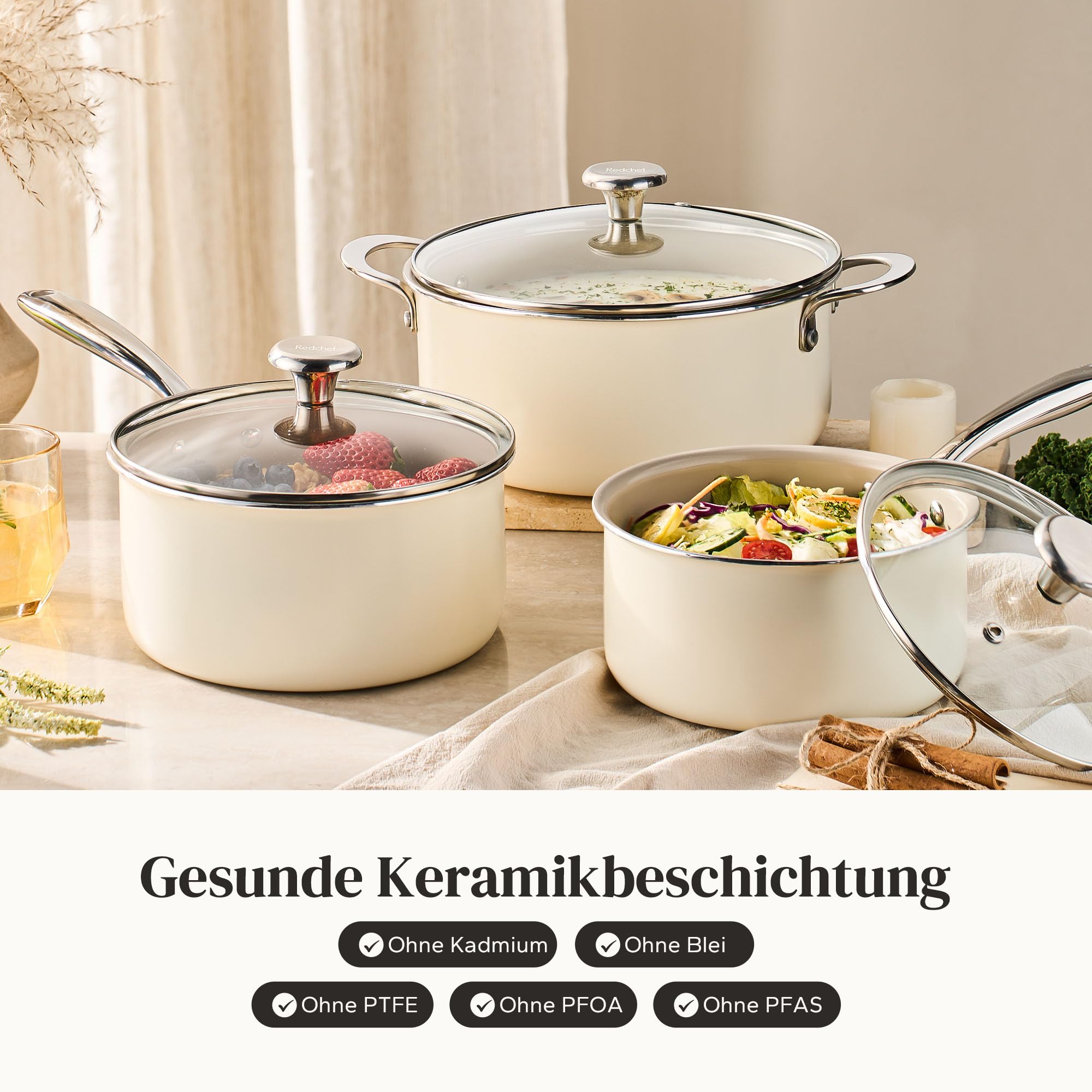 Redchef Set di pentole in ceramica 6 pezzi, compatibile induzione con coperchi in vetro, pentola 24 cm, casseruole 18/20 cm, adatto a tutti i piani cottura e forno, colore Beige
