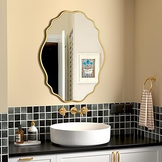 Gold Oval Wavy Mirror 22×32 inch, Irregularly Shaped, Unique Vanity Mirror, Wall Mirror for Bathroom, Living Room, Bedroom, Entryway