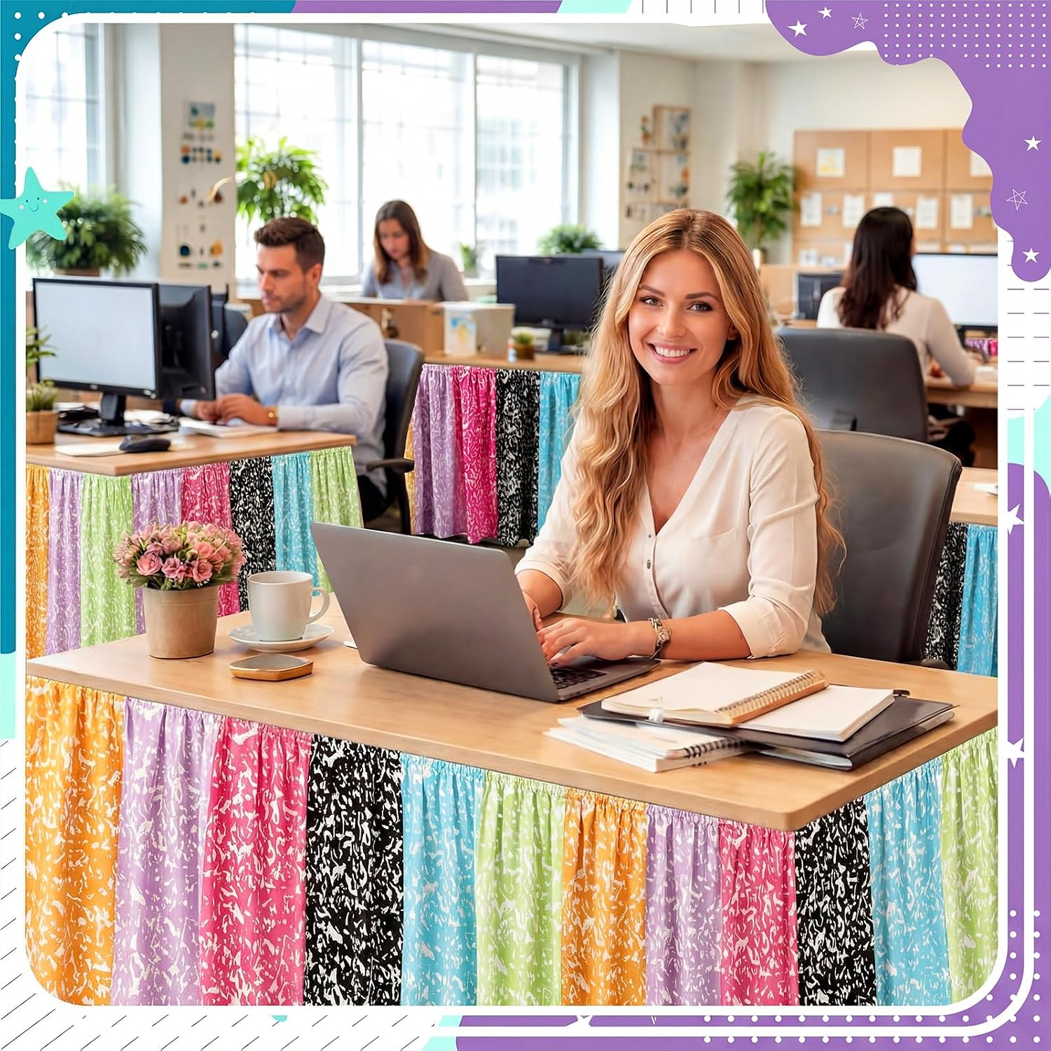 Hahafelt 14 ft Composition Table Skirt Cloths Rainbow Color Composition Book Table Skirt Notebook Rectangle Tablecover Decorations for Teacher Desk Office Classroom Bookcase Back to School Supplies