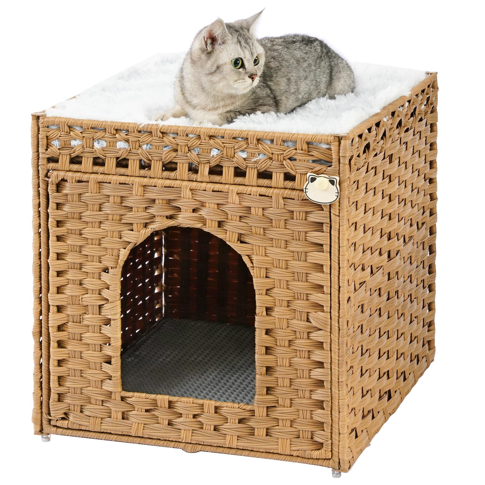 SETVSON Cat Litter Box Enclosure Furniture, Hidden Rattan PE House, Natural