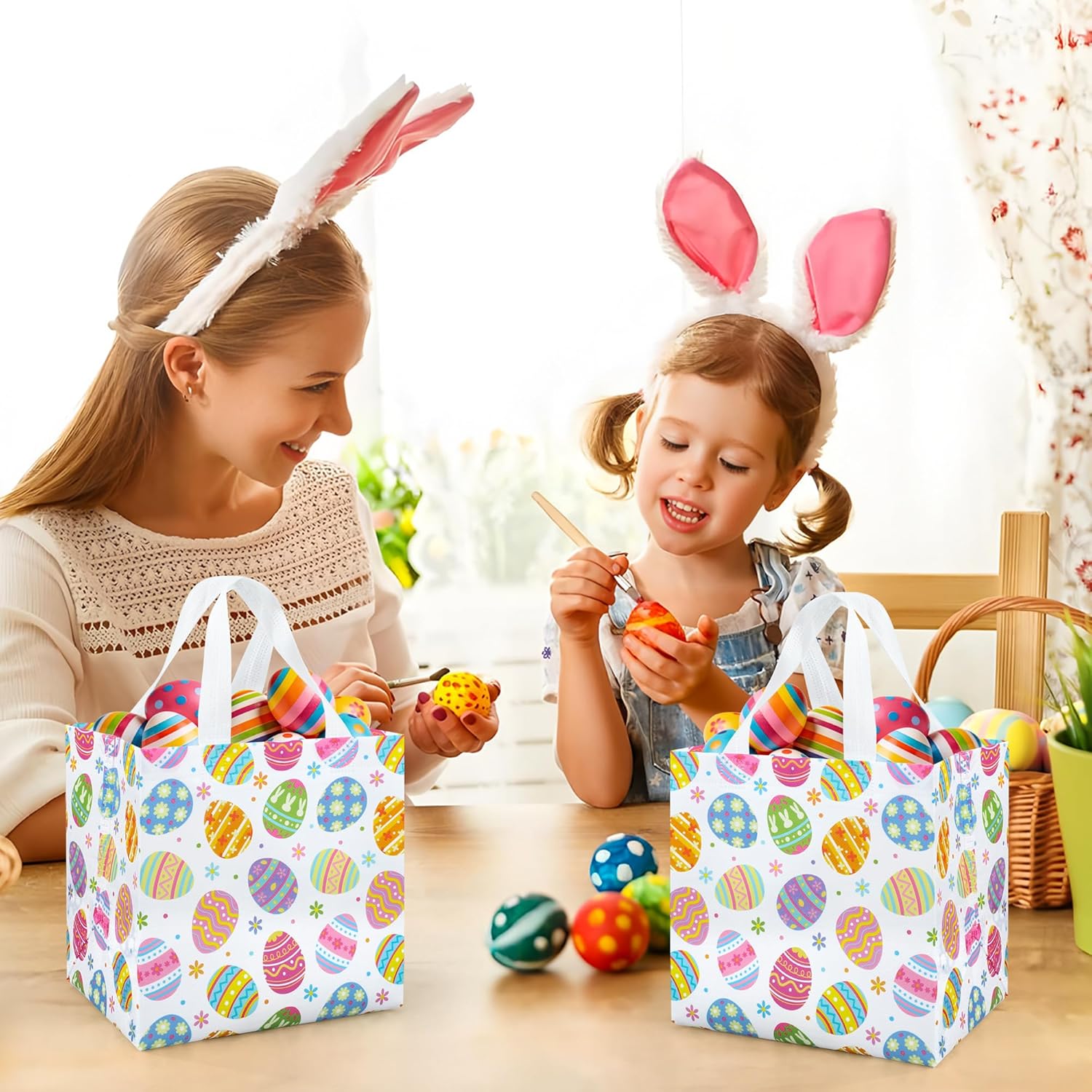 12Pcs Easter Gift Bags with Handles 7.47"×7.47"×5.9" Easter Egg Non-Woven Tote Treat Bag for Kids Reusable Colorful Eggs Candy Goodie Bags for Gift Wrapping Basket Container Egg Hunt Game Party Supply - Image 5