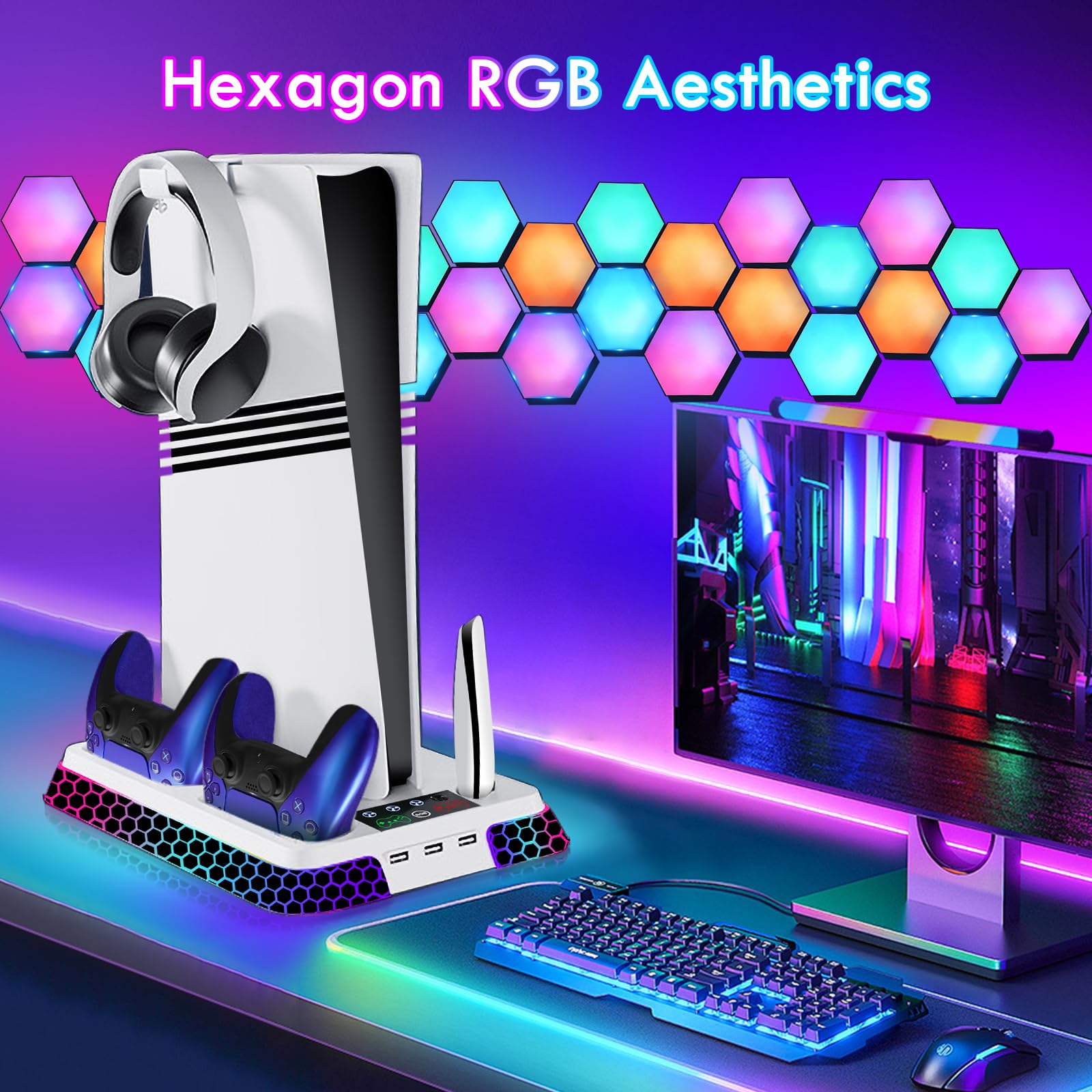 Ugame Estación de refrigeración PS5 para consola PS5/Pro/Slim con luces RGB, soporte PS5 con ventiladores de refrigeración silenciosos de 3 niveles, cargador de controlador dual y concentradores USB