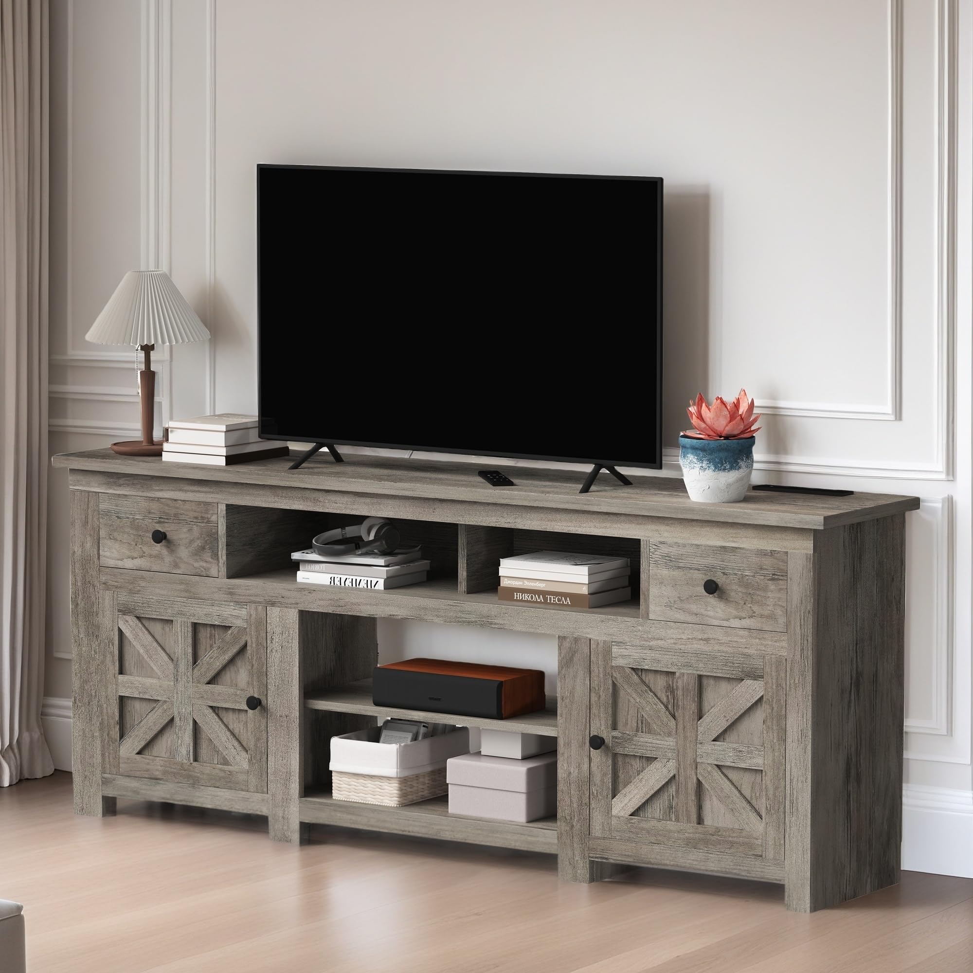 YITAHOME Farmhouse TV Stand for 75/80 Inch TV, Entertainment Center, Media Console TV Table with Drawers and Power Outlet, Rustic TV Stands for Living Room, Washed Grey