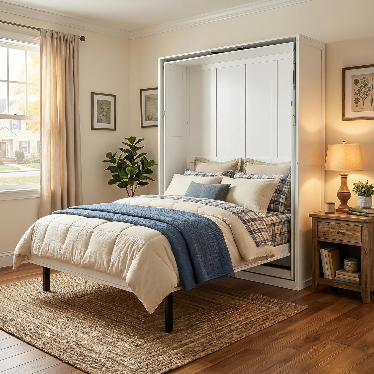 Harper & Bright Designs Rotating Queen Murphy Bed with Hidden Storage Racks, Space-Saving Multifunctional Wall Bed for Home Office & Small Rooms, White