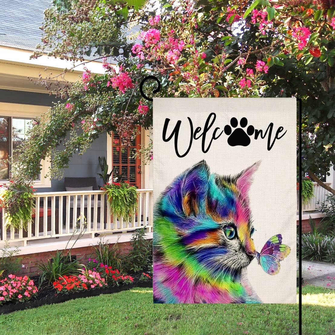Sambosk Spring Summer Cat Small Garden Flag Vertical Double Sided Burlap Welcome Dog Paw Butterfly Farmhouse Yard Outdoor Decoration 12 x 18 Inches