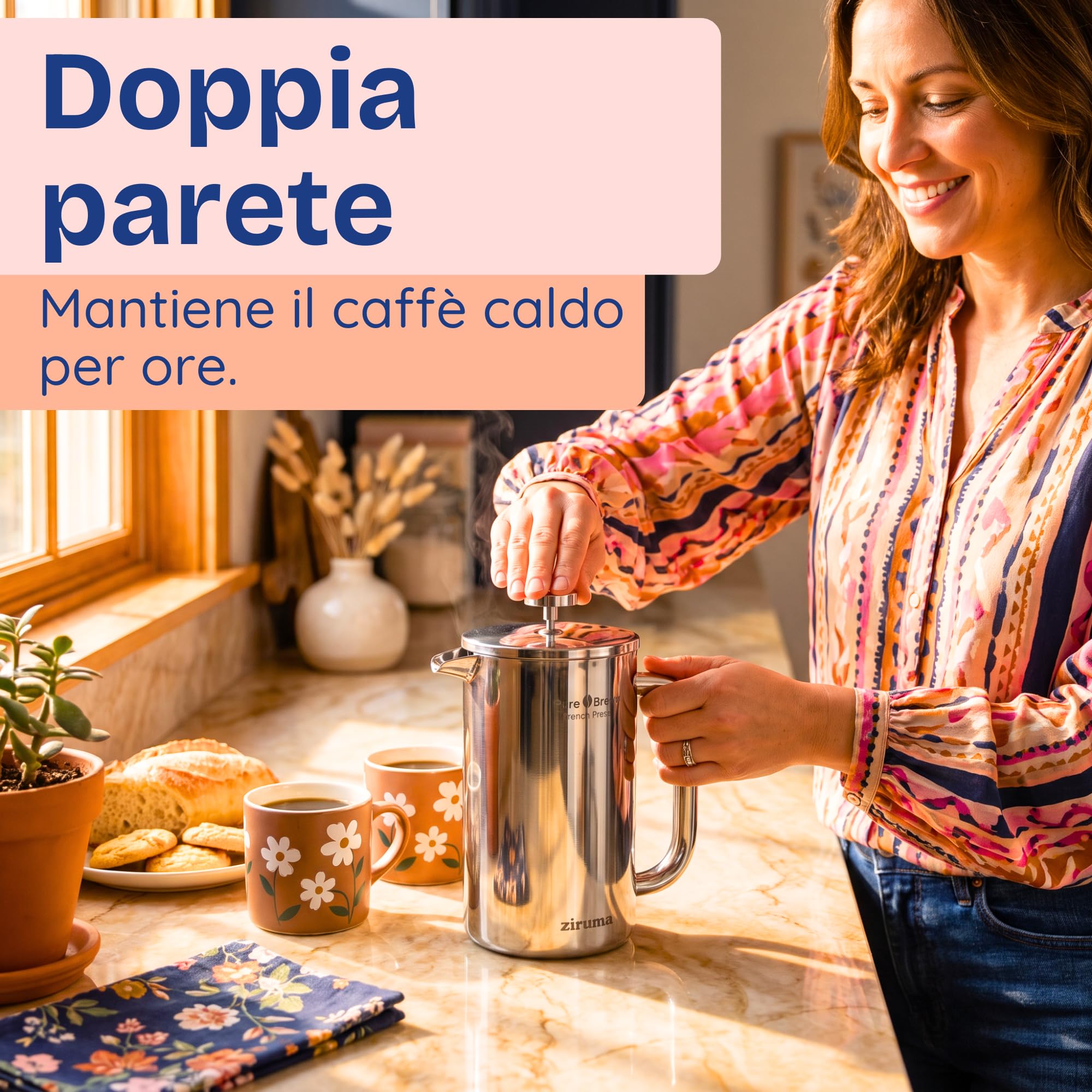 Ziruma Non Tossico Caffettiera a Stantuffo Acciaio, Senza Plastica, 1L
