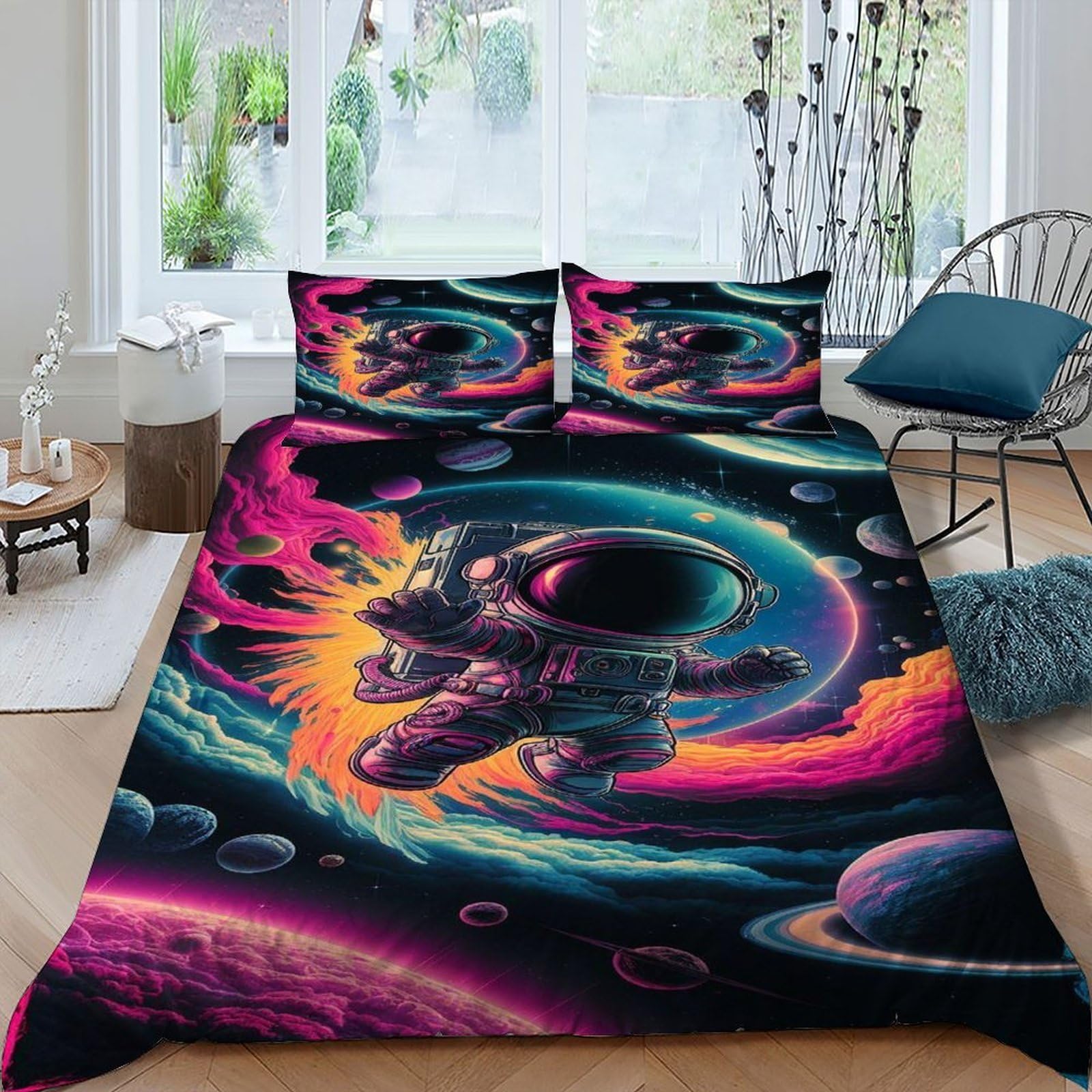 Housse de couette cosmos astronaute King 220x240cm avec 2 taies d'oreiller 3D en microfibre ciel étoilé