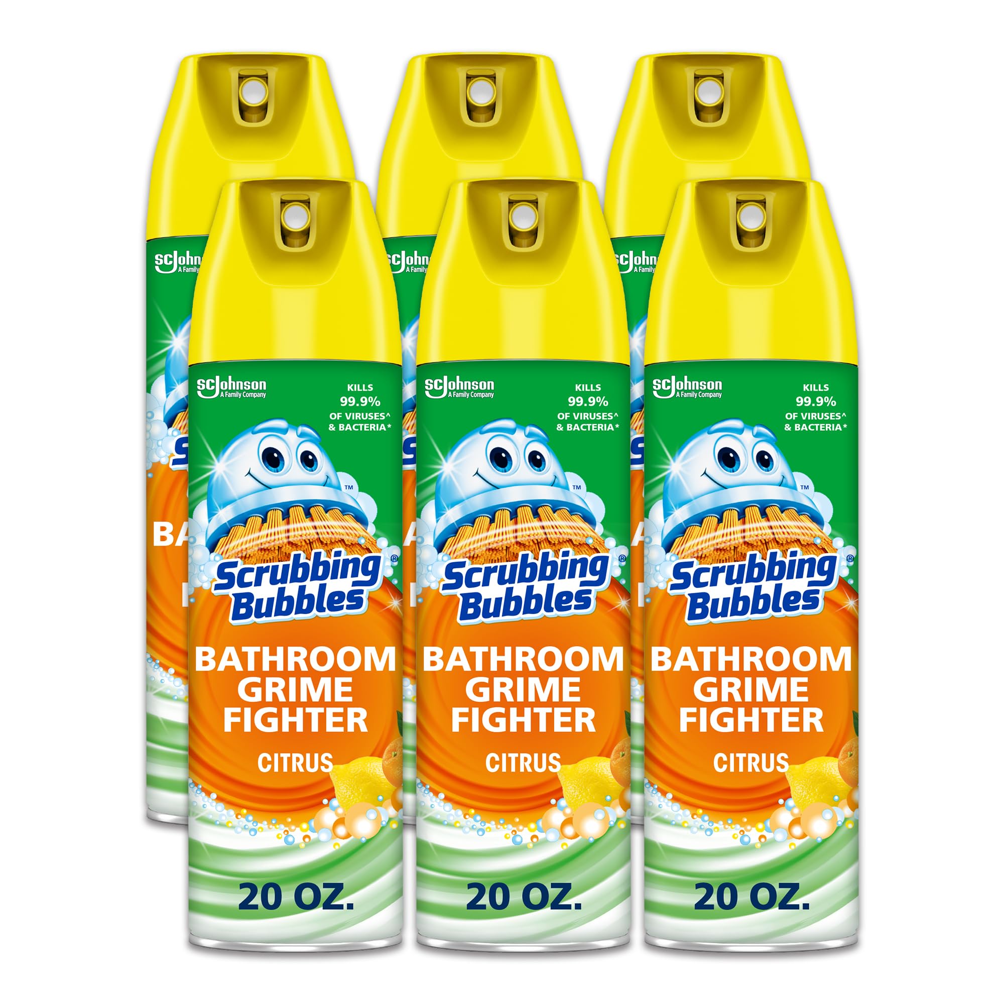 Scrubbing Bubbles Bathroom and Shower Cleaner Disinfectant Aerosol, FoamingAction Bathroom Grime Fighter, Citrus Scent, 20oz (Pack of 6)