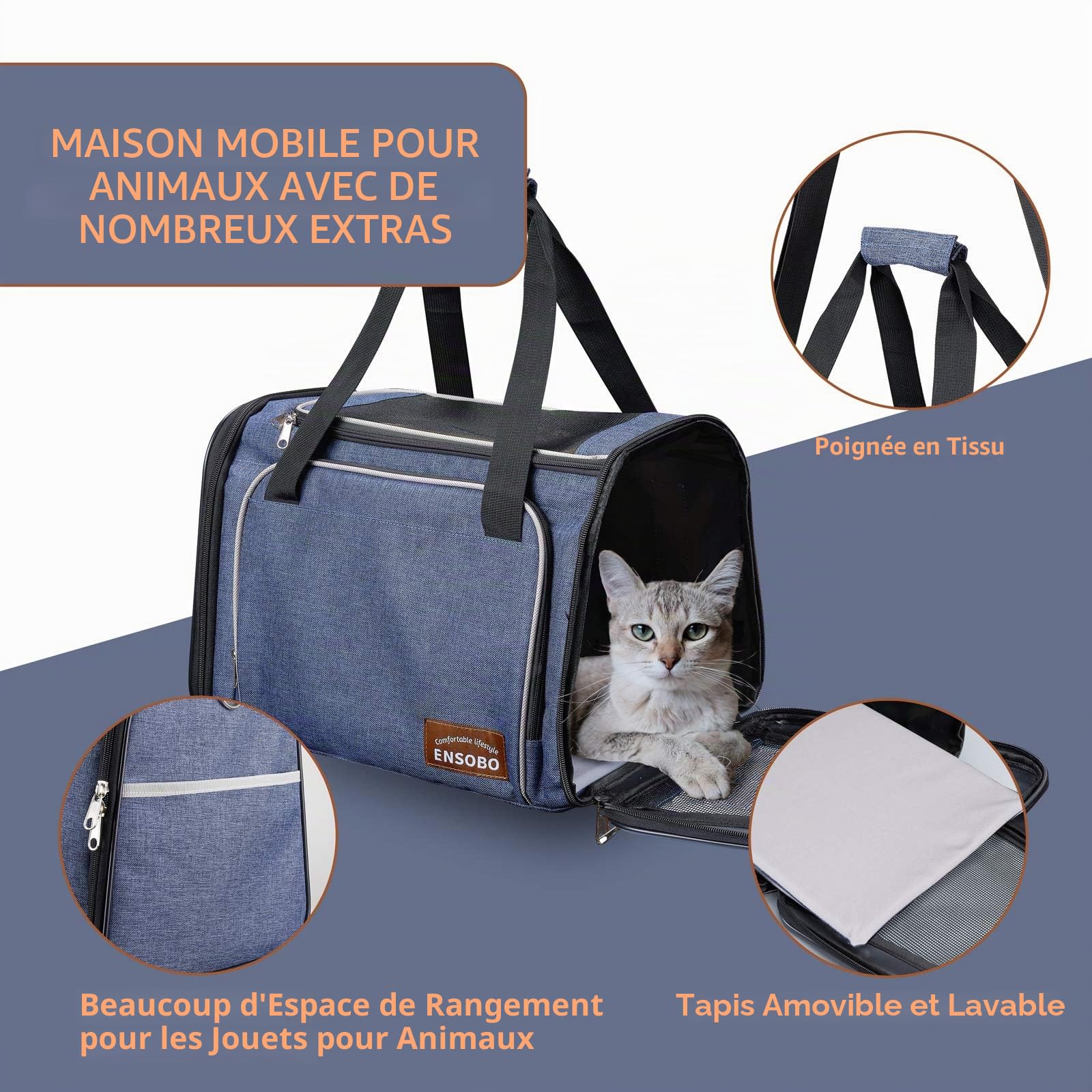 Sac Transport Chat Chien, ENSOBO Matériau Denim Résistant aux Rayures Sac de Transport pour Animal de Compagnie Avec Matelas Souple, Caisse de Transport Chat Respirant pour un Voyage Confortable