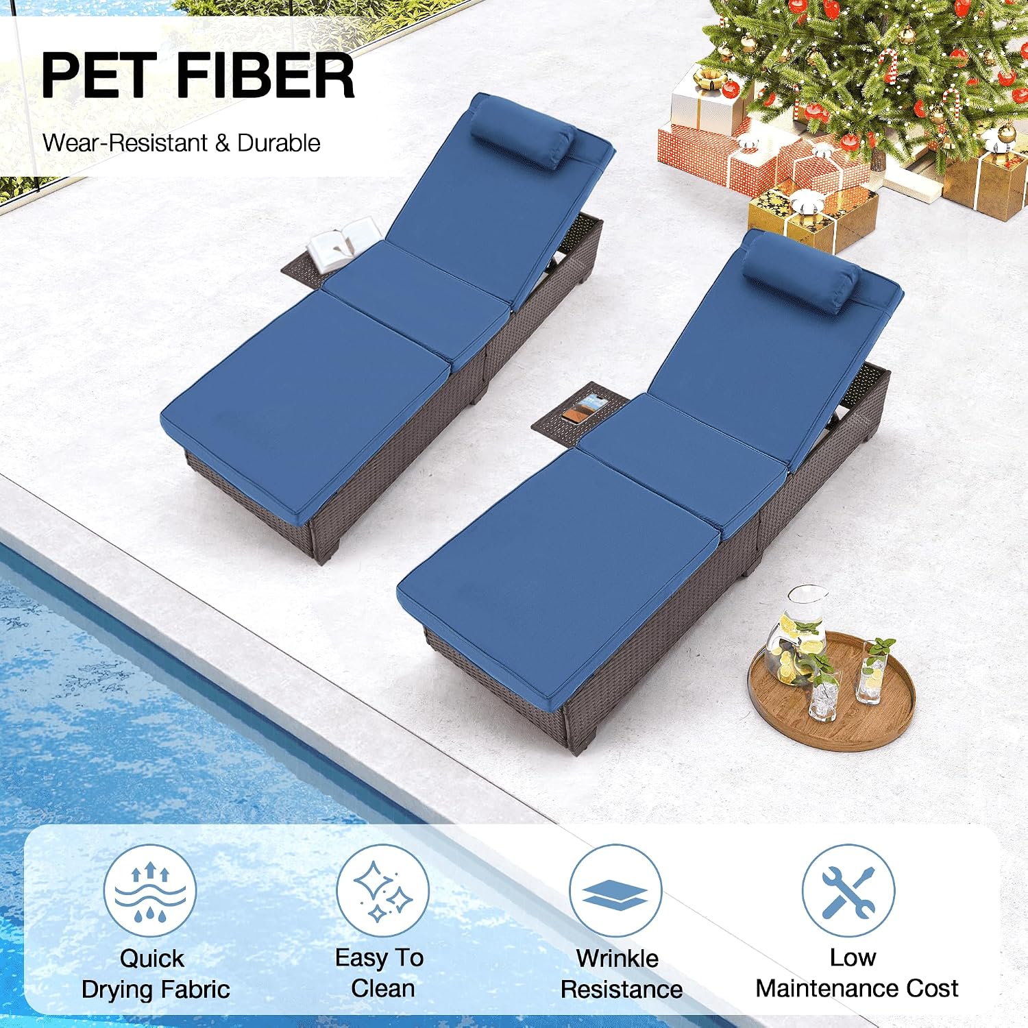 HOMREST PE Wicker Chaise Lounge Chairs Set of 2,Adjustable 5 Position Outside Rattanr Patio Pool Chair with Headrest,Cushion and Storage Rack for Poolside Backyard Porch, (Blue)
