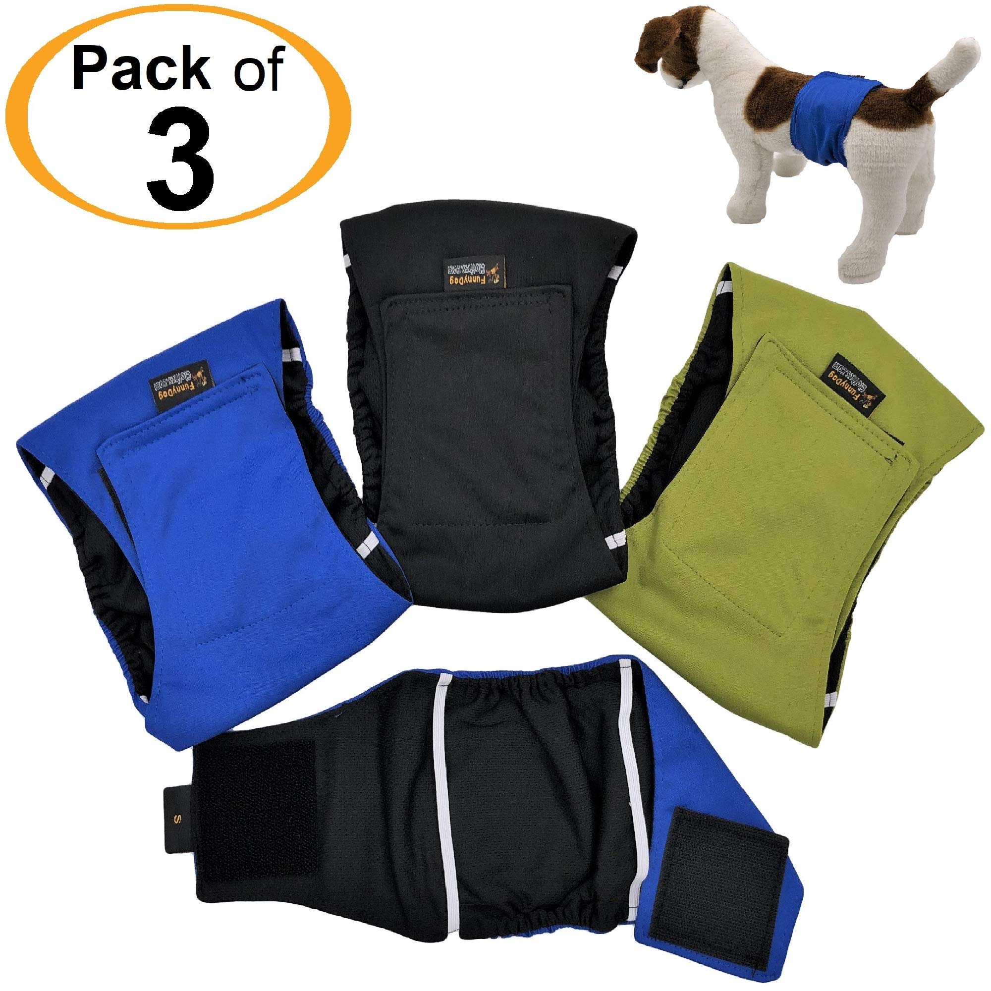 FUNNYDOGCLOTHES Pack of 3 Male Dog Diapers Waterproof Leak Proof Belly Band Wrap Washable for Small, Medium and Large Pets (S: Waist 10