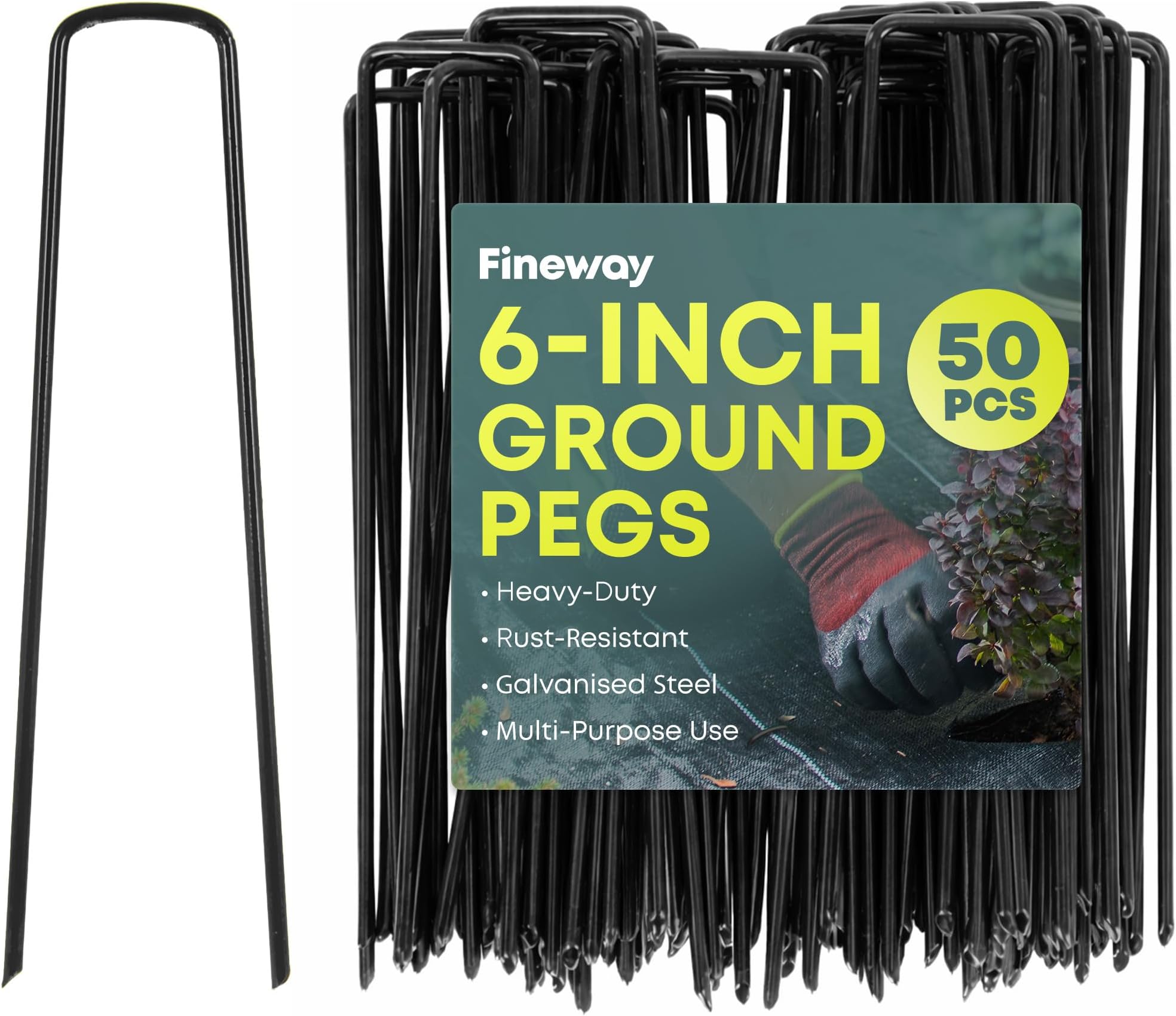 Fineway. Heavy Duty U Pins Green Artificial Grass Turf Galvanised Metal Pegs (Pack of 50 Black)