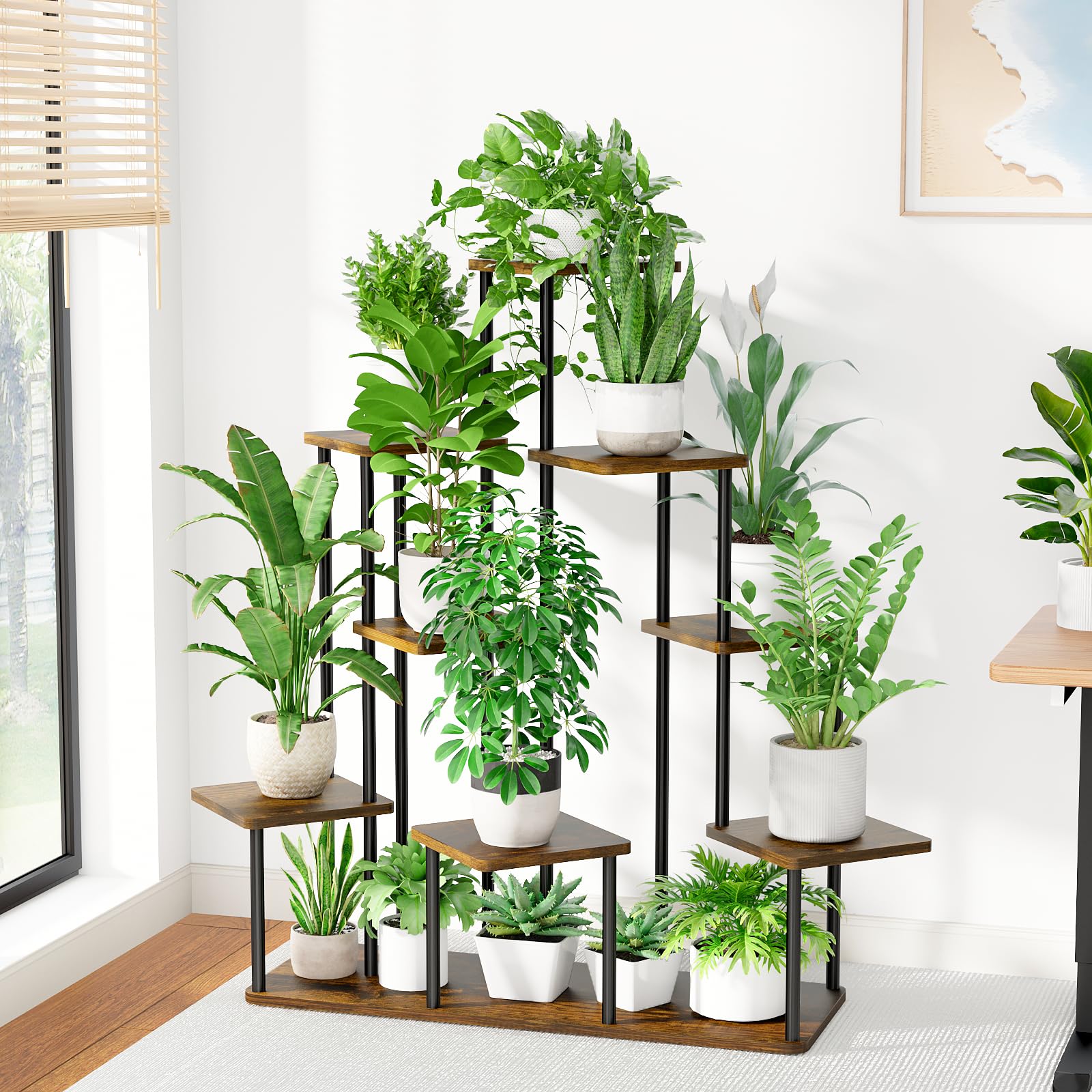 Bamworld Porta Piante da Interno ed Esterno a 9 Ripiani Marrone – Fioriera in Legno e Metallo, Scaffale Moderno Salvaspazio per Vasi e Piante, Porta Vasi Decorativo per Giardino, Balcone, Soggiorno