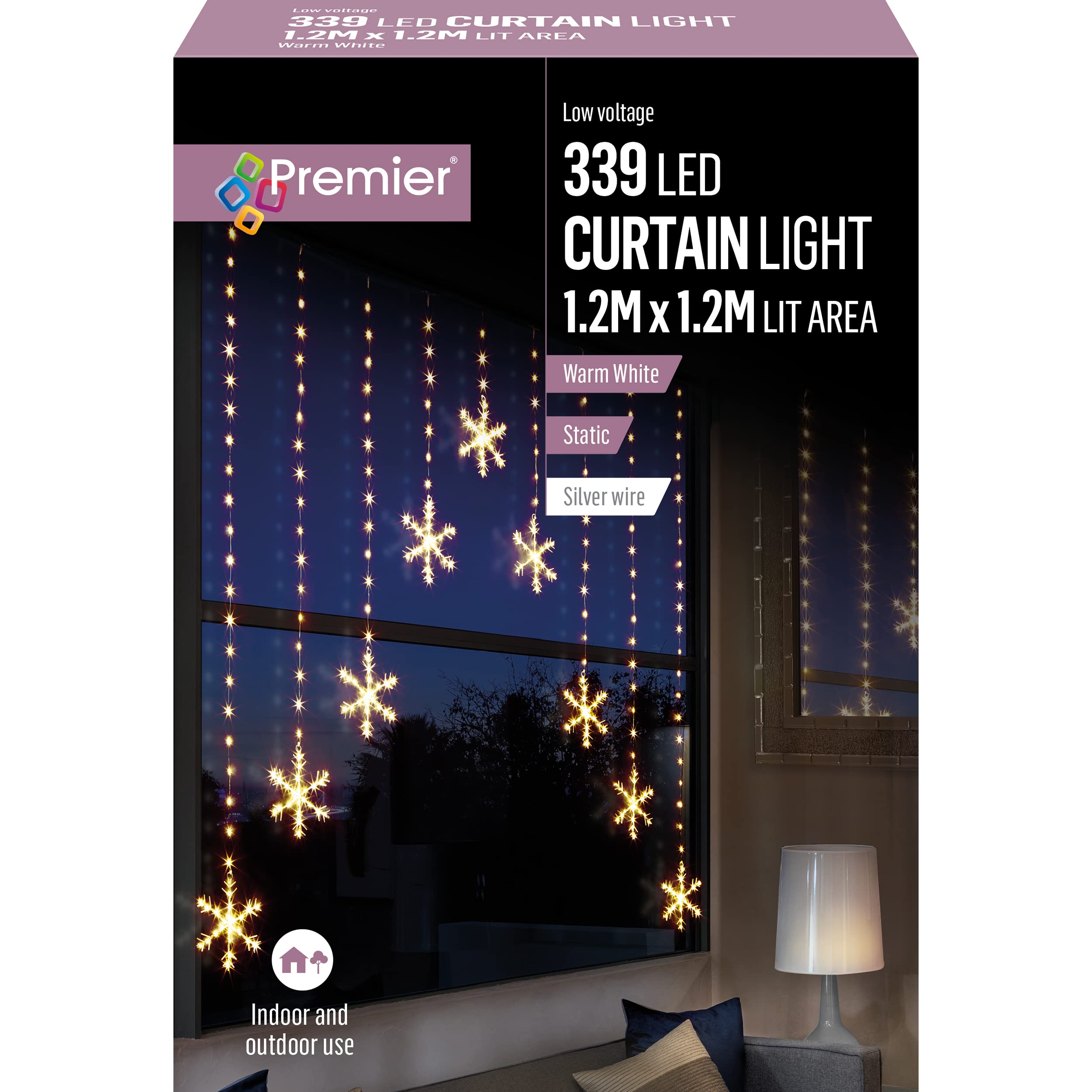 Premier White/Light Warm Pin Wire 339 Led 1.2M V Curtain Snowflake Pattern