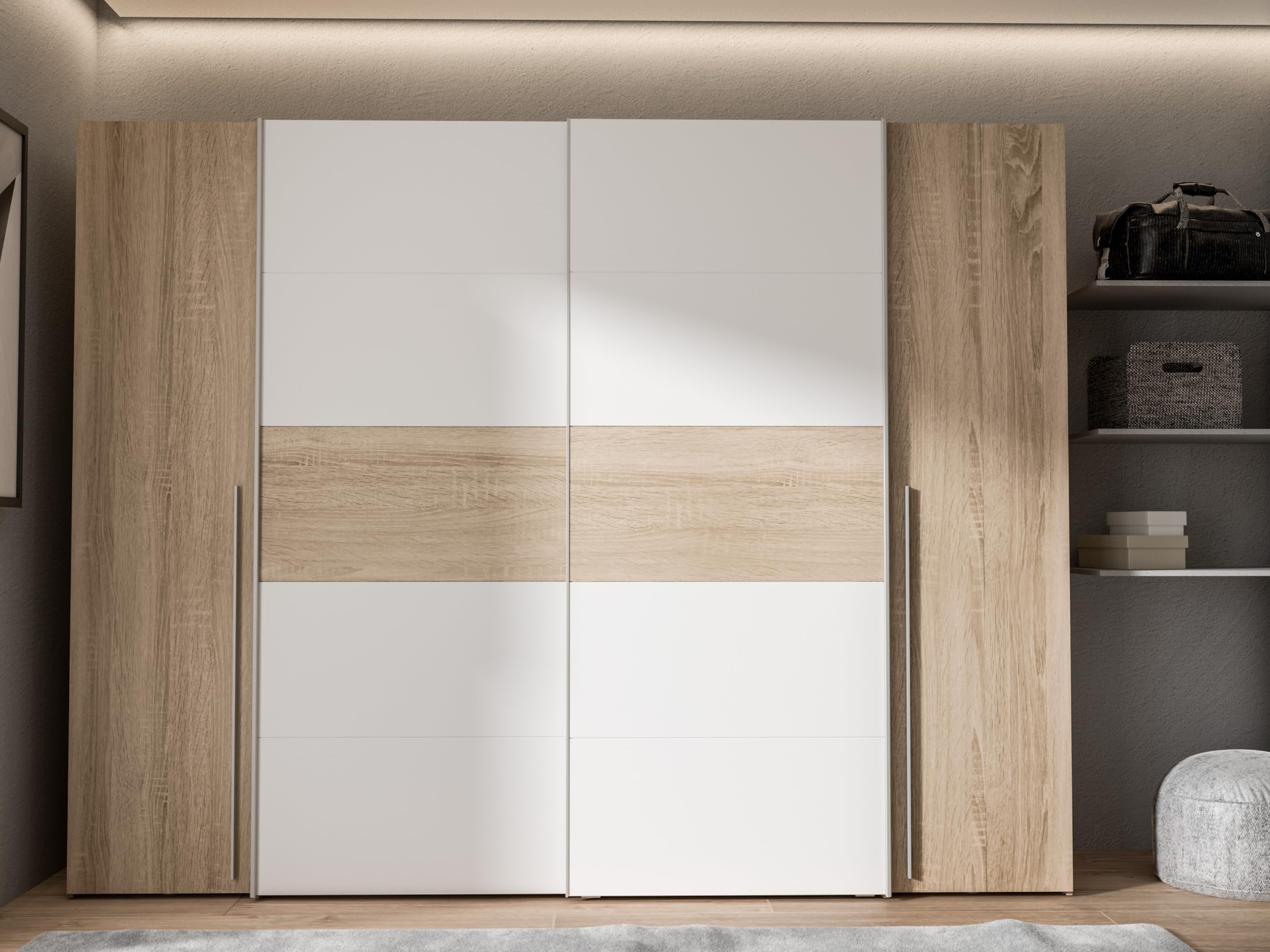 Deine Tante Emma Forte Narago 270 Armoire à Portes coulissantes avec Portes pivotantes Blanc combiné avec décor en Bois chêne Sonoma 270,3 cm de Large x 210,5 cm de Haut x 61,2 cm de Profondeur