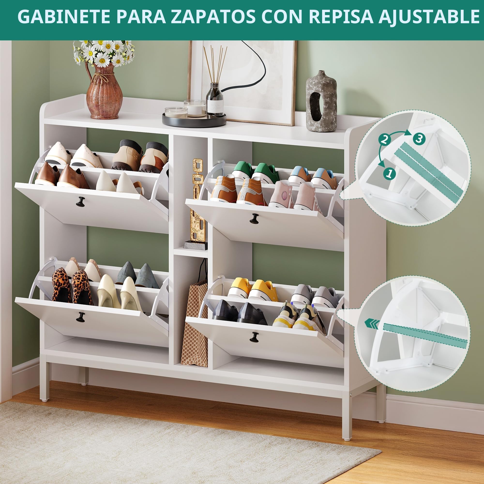 YITAHOME Zapatero Estrecho con 4 Solapas, 108 x 27,5 x 97,5 cm para 16 Pares de Zapatos con 2 estantes Abiertos, Zapatero Blanco, Armario para Pasillo, cómoda para Zapatos en el Pasillo