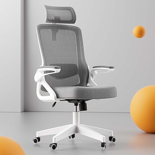 Miniatura 9 de Silla de oficina ergonómica, soporte lumbar ajustable y reposacabezas giratorio, reposabrazos abatibles de 90, silla de escritorio de malla