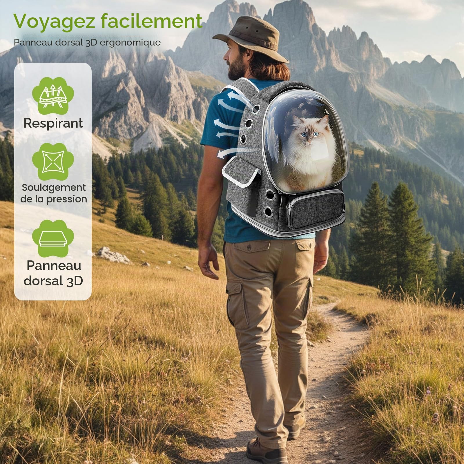 Sac à Dos pour Chat Bulle Transparent, Sac de Transport pour Animal - Sac Portable et Pliable pour Chien/Chat jusqu'à 5kg, Respirant et Léger pour Vétérinaire, Voyage (Gris, 42x34x27cm)