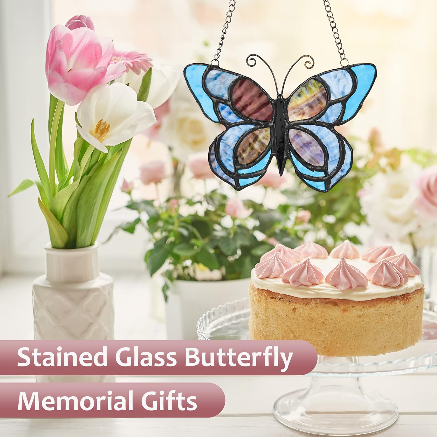 Blue Butterfly Suncatcher for Window Stained Glass Window Hanging Butterfly Gift for Mom, Women, Mother's Day - Image 2