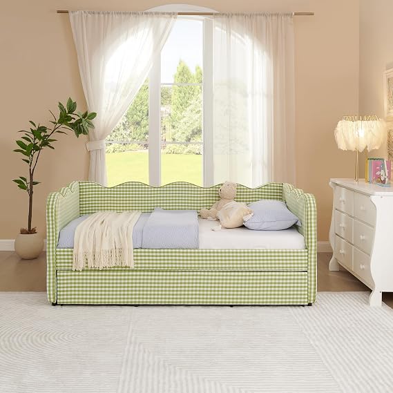 Twin Daybed with Pop Up Trundle: Linen Upholstered Daybed with Trundle and USB Port, Twin Sofa Bed with Cute Wave Shaped, No Box Spring Required for Living Room, Guest Room, Green | Gingham Pattern