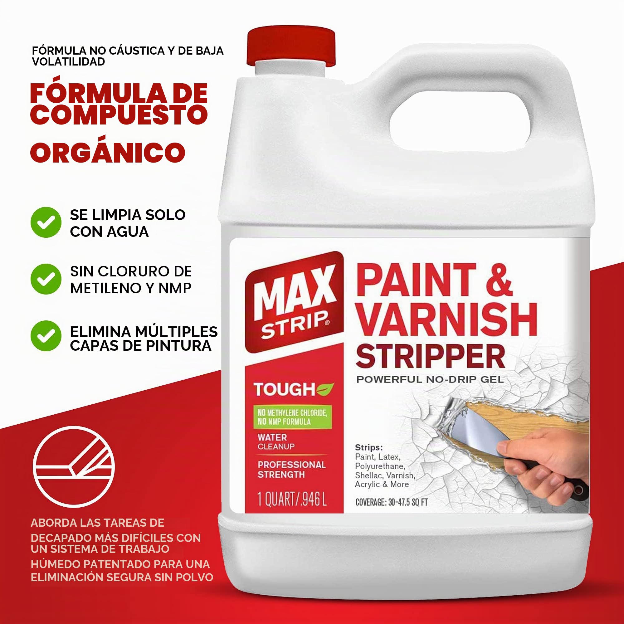 Max Strip Decapante de pintura y barniz de 32 onzas – Decapante de pintura para múltiples capas de pinturas acrílicas, látex, aceite y a base de agua, barnices. Para madera, metal, mampostería, yeso