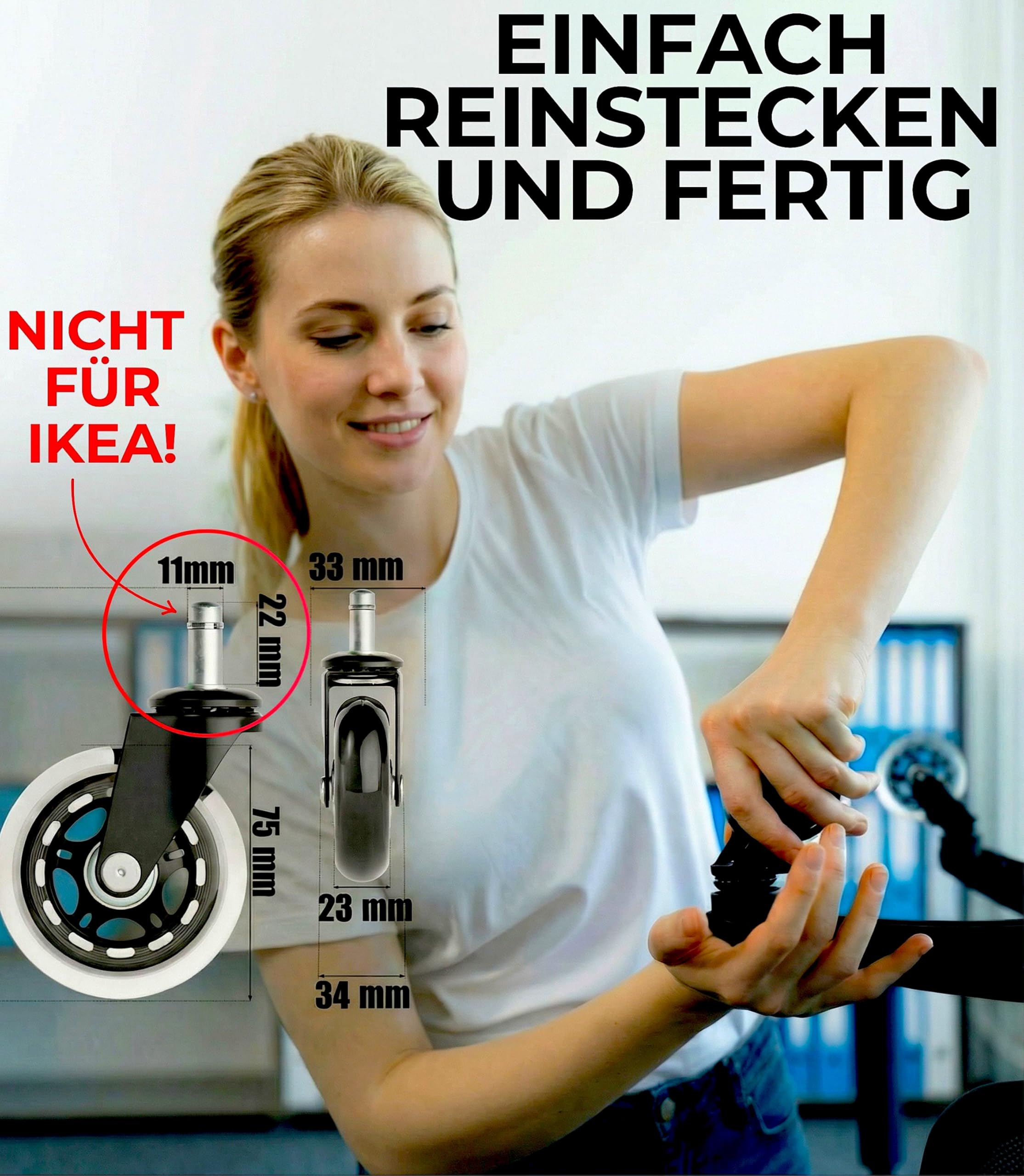 5er Set Premium Rollen für Bürostuhle Speziell für Parkett, Laminat, Fliesen, Vinyl, Holzdielen – Nie wieder Bodenschutzmatte – Transparent - 11mm x 22mm - Geräuschlos gleiten (Nicht für 1KEA)