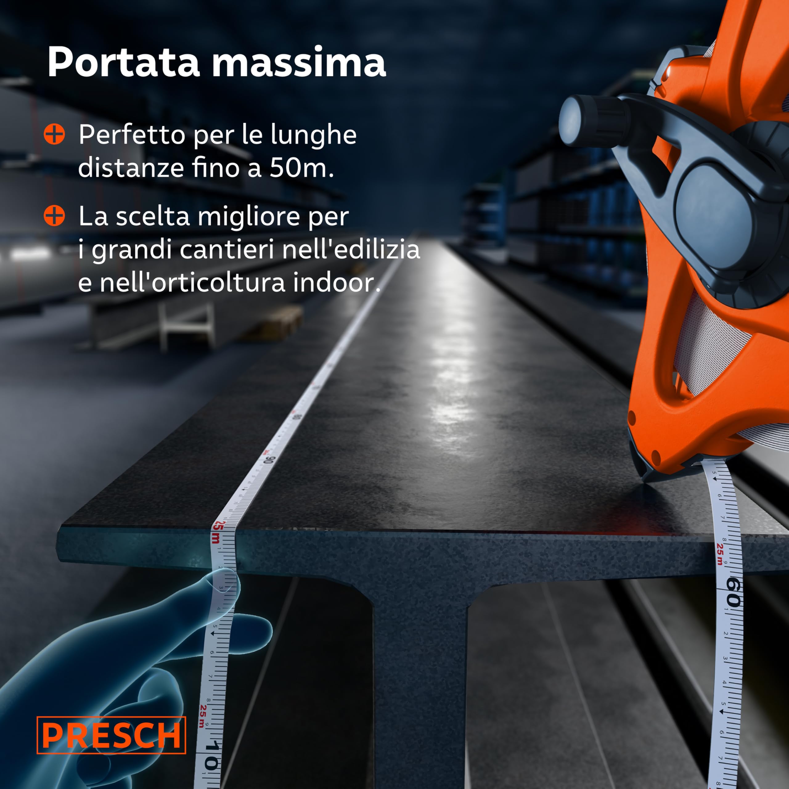 Presch Metro a Nastro 50m – Ritorno Rapido 3:1 – Rotella metrica 50 metri in Fibra di Vetro Resistente – Blocco a Manovella – Presa Sicura con Gancio Multifunzione – Bindella per Uso Professionale
