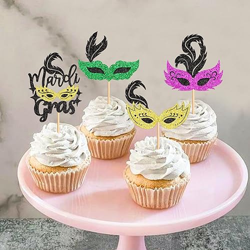 Miniatura 5 de Cyodoos 24 máscaras de mascarada para cupcakes, adornos de color con purpurina para despedida de soltera, para fiesta de cupcakes, alimentos,