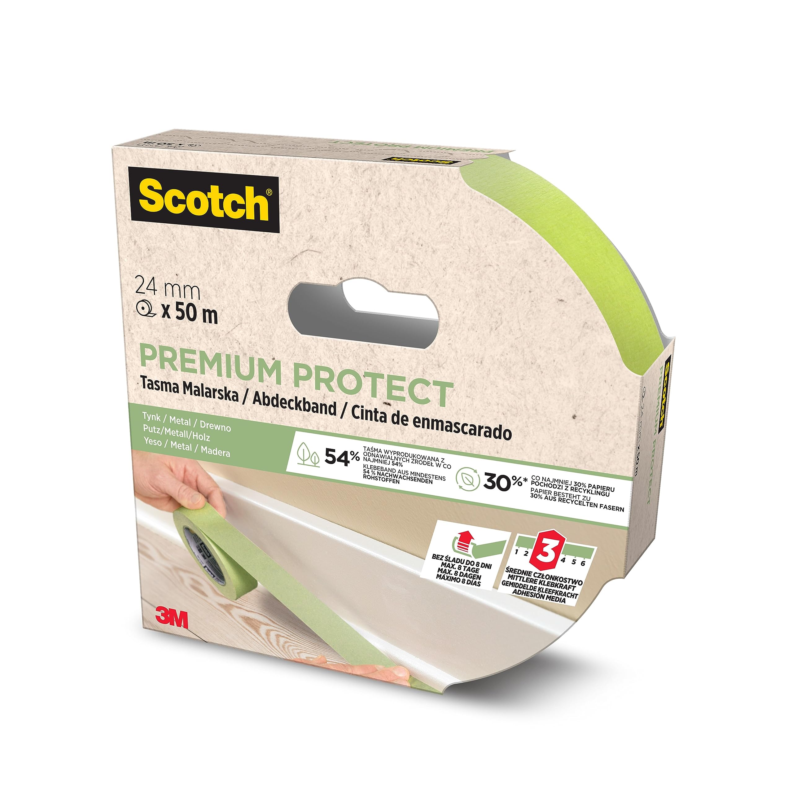Multi-Surface Premium Protect Masking Tape - 1 Roll, 24 mm x 50 m - Scotch Adhesive Painters Tape, For Painting and Decorating, Indoor & Outdoor, Sticks Well, 70% PEFC