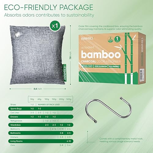 Vista 17 de Absorbedor de olores de carbón activado, paquete de 8 con ganchos, eliminador de olores naturales para olores fuertes, bolsas purificadoras de aire