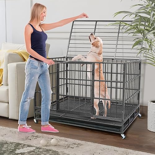 Miniatura 7 de XPIY Jaula grande para perros – Perrera de metal resistente de 48 pulgadas para perros grandes, medianos y pequeños, segura para interiores