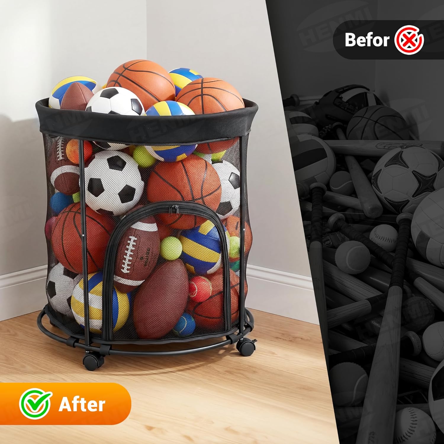 HENMI Upgraded Round Sports Ball Storage Cart - Rolling Ball Holder with Wheels for Basketball Storage & Outdoor Toy Storage, Metal Bin for Garage & School