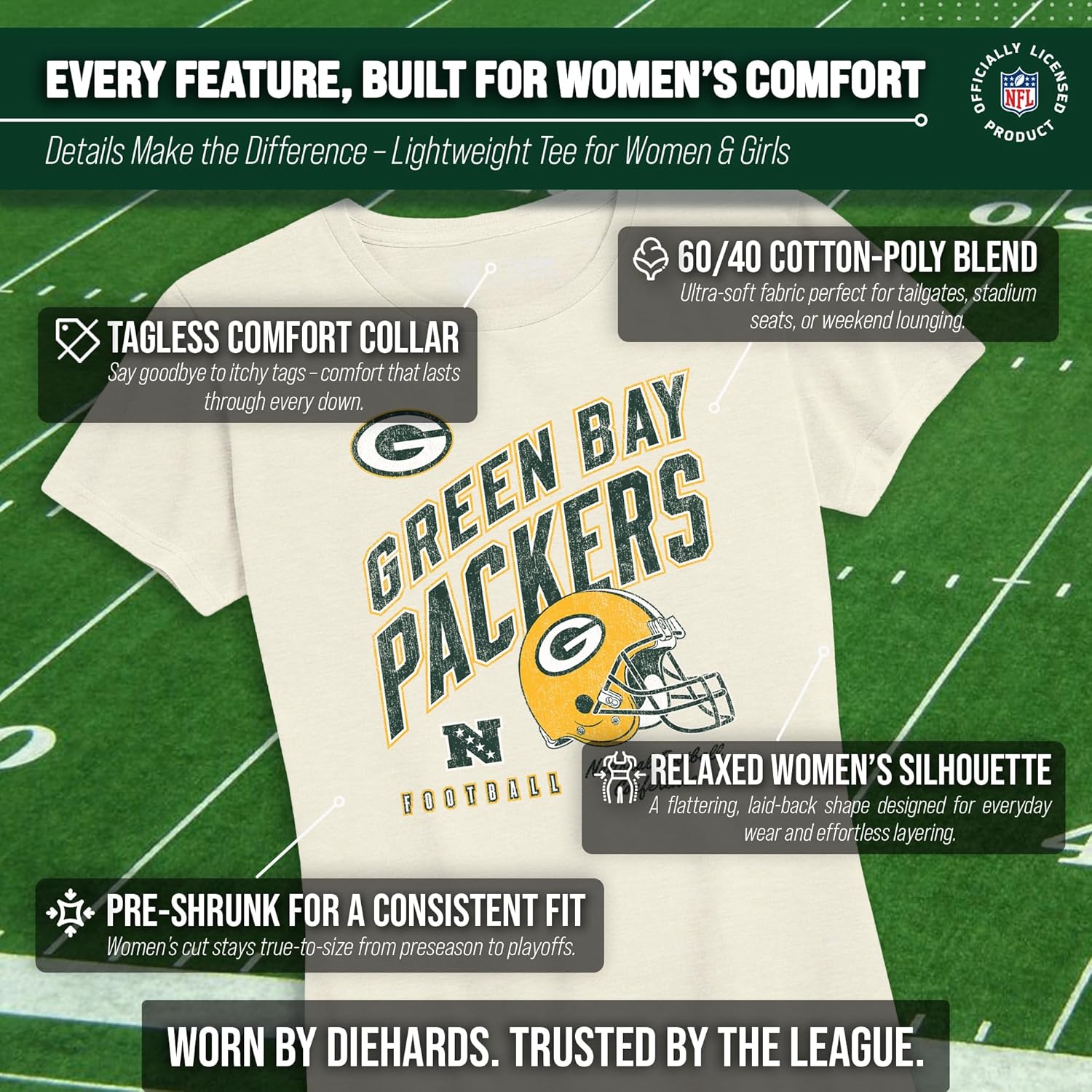 Team Fan Apparel NFL Womens Distressed Helmet Tag-Less Soft T-Shirt, Ladies Football Tee, Officially Licensed