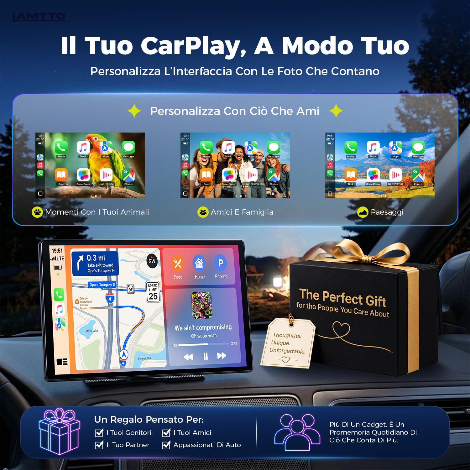 LAMTTO Schermo Portatile Wireless da 11 Pollici 2026 Upgrade CarPlay per Apple CarPlay & Android Auto,Car Play per Auto con Navigazione GPS, Bluetooth, AirPlay, AUX, Connettività per Tutti i Veicoli
