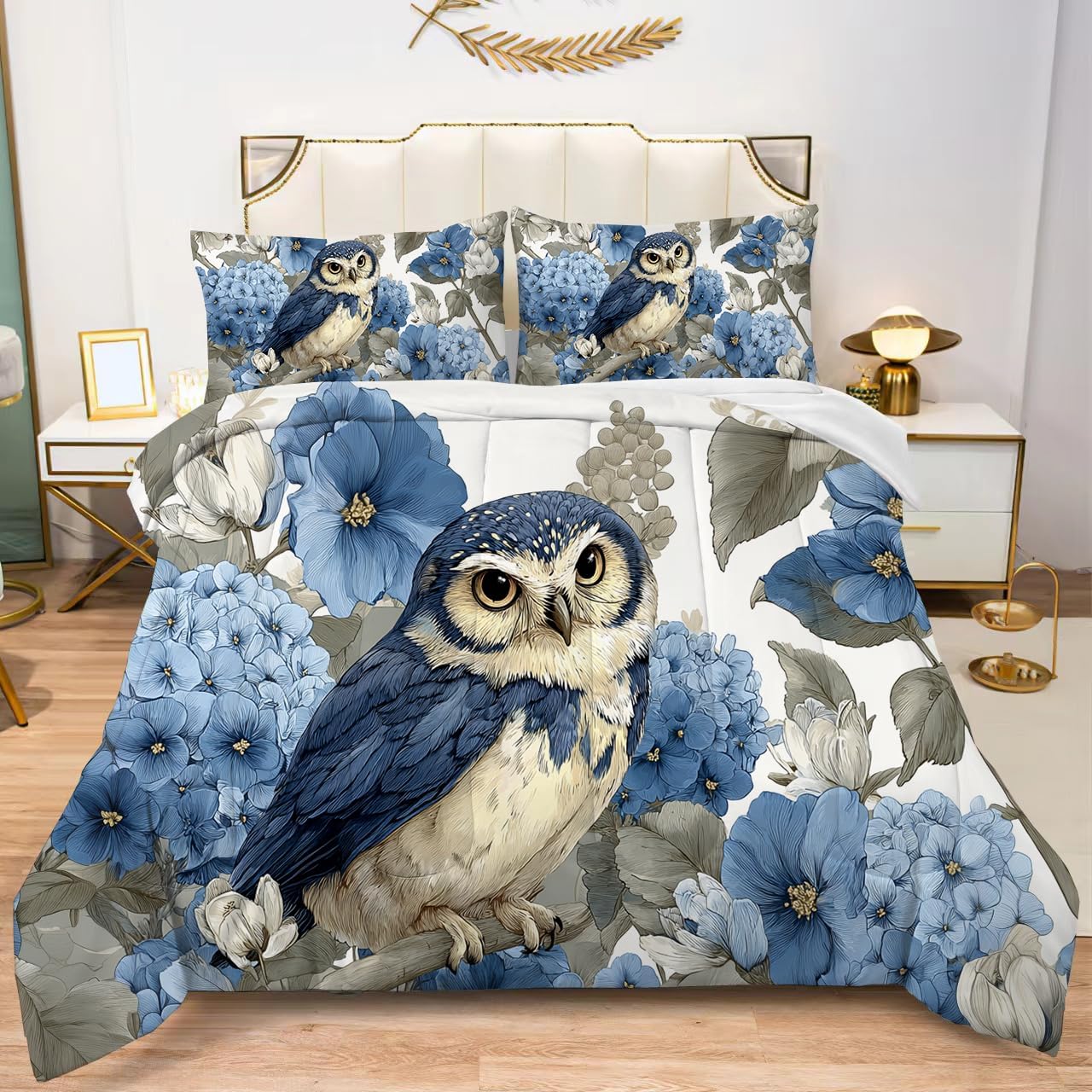 Albideyaa 3D Owl Pattern Comforter Set King Size Blue White Lotus Flowers Black Bedding Set Soft Comfortable Girls Women Quilt Set with 2Pillowcases