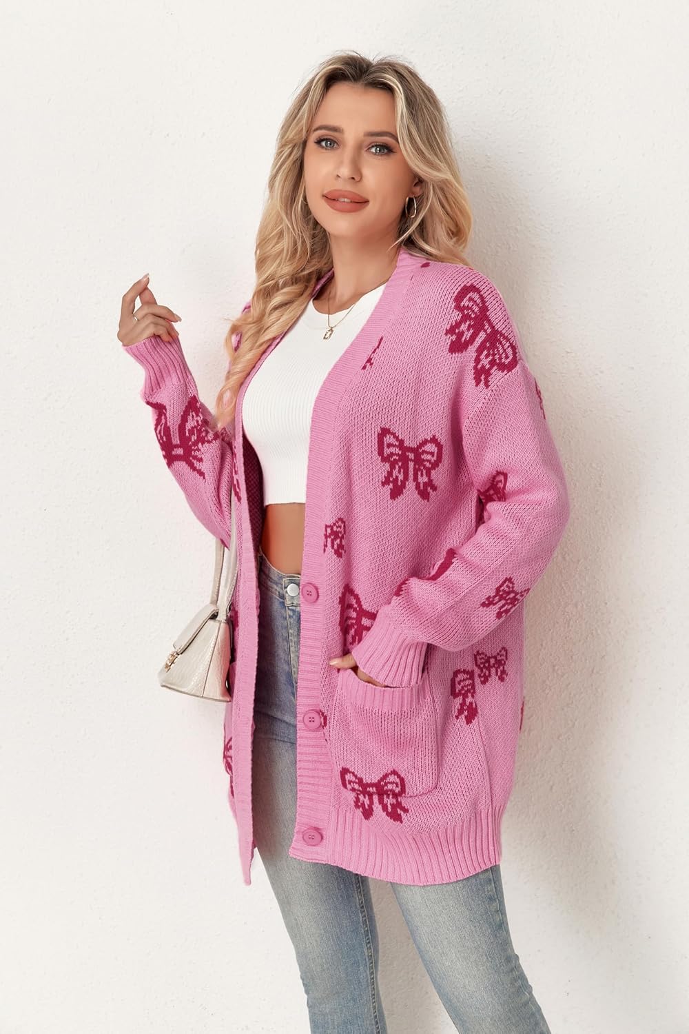 Women's Button Down Open Front Cardigan Knit Sweaters with Pockets Star Bow Print - Image 2