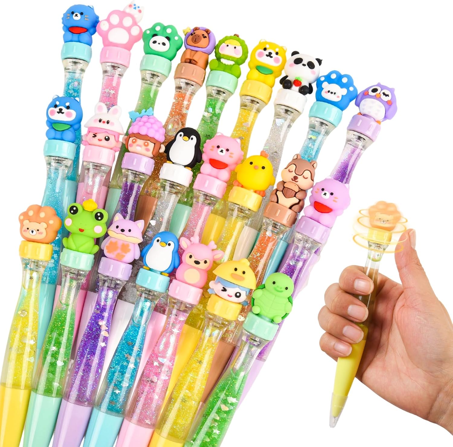 LiYiQ 24 PCS Fidget Spinner Pens Cute Fun Pens Kawaii Panda, Capybara, Penguin, Frog and Puppy Shape Cool Ballpoint Pens for Office Home Present