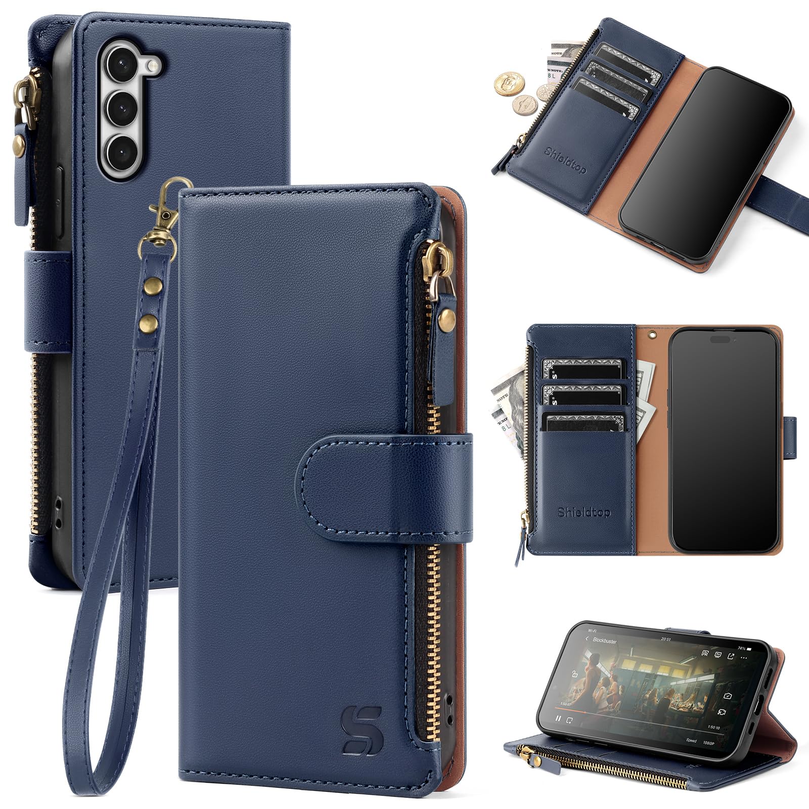 Shieldtop for Samsung Galaxy S23 5G Wallet Case with Card Holder Women Men,Galaxy S23 5G Phone Case RFID Blocking PU Leather Flip Shockproof Cover with Strap Zipper Credit Card Slots,Blue