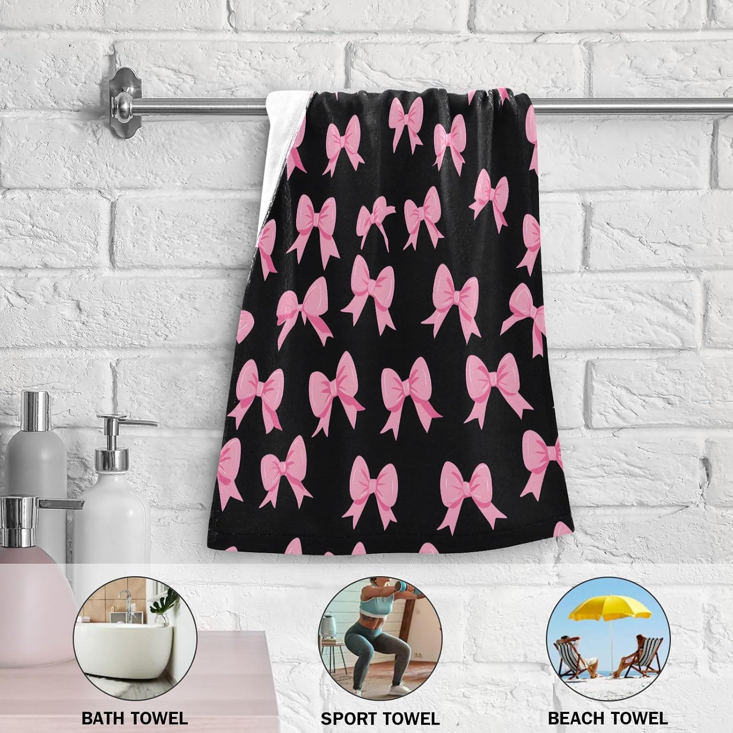 ALAZA Hand Towels for Bathroom Set of 2, Pink Bow Black Background Pattern Ultra Soft and Absorbent Fingertip Towels & Face Cloths, 28 x 14 inch
