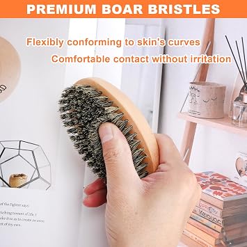 Boar Bristle Beard Brush for Men, Premium Wooden Handle Beard Grooming Brush Natural Boar Bristles Beard Brush and Comb Alternative for Daily Beard Care & Styling Mens Hair Brush