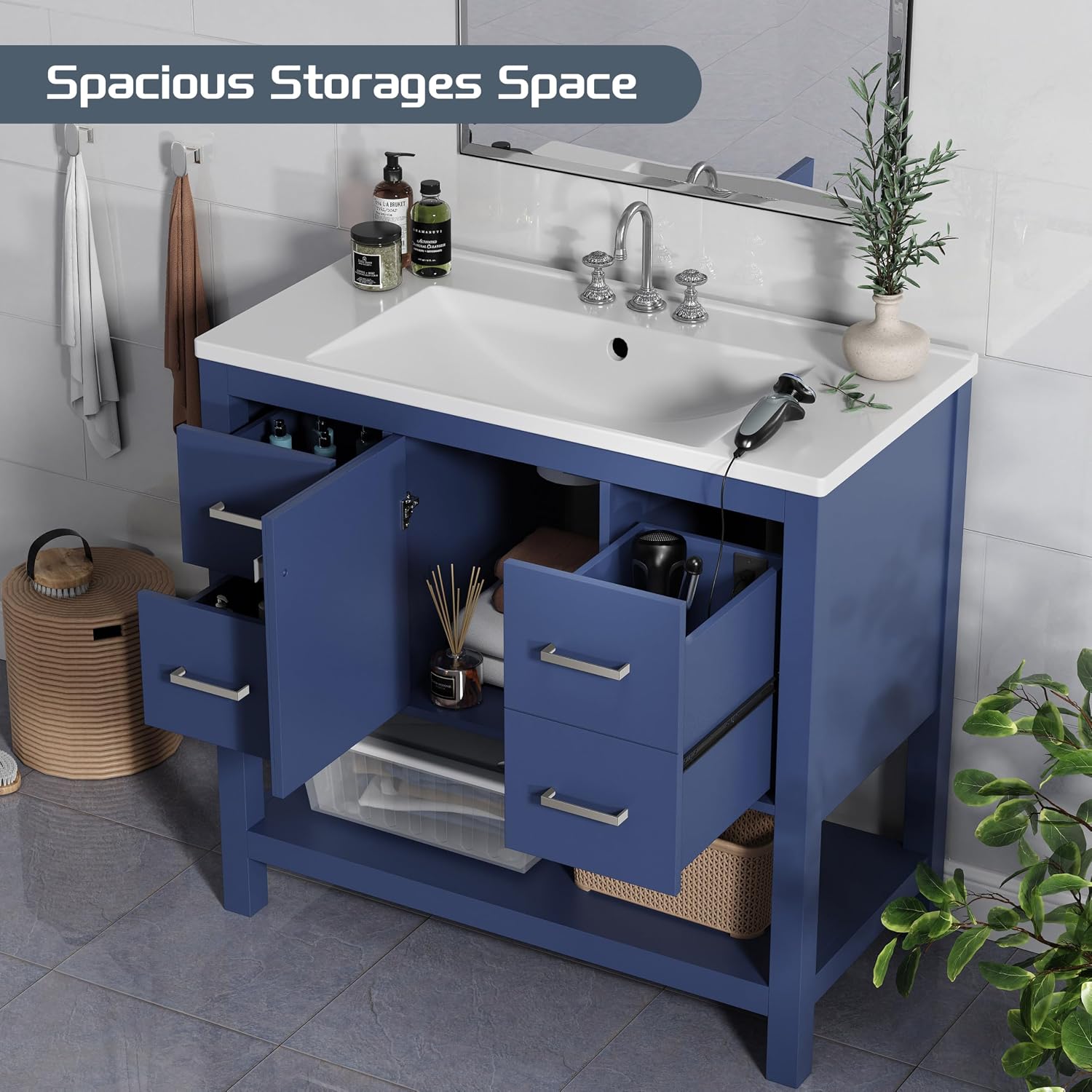 36'' Bathroom Vanity with Single Sink, Solid Wood Frame Modern Bathroom Storage Cabinet with 2 Power Outlets, 1 USB Port, 1 Tybe C Port, Bath Vanity Cabinet with 4 Drawers & Open Shelf, Blue