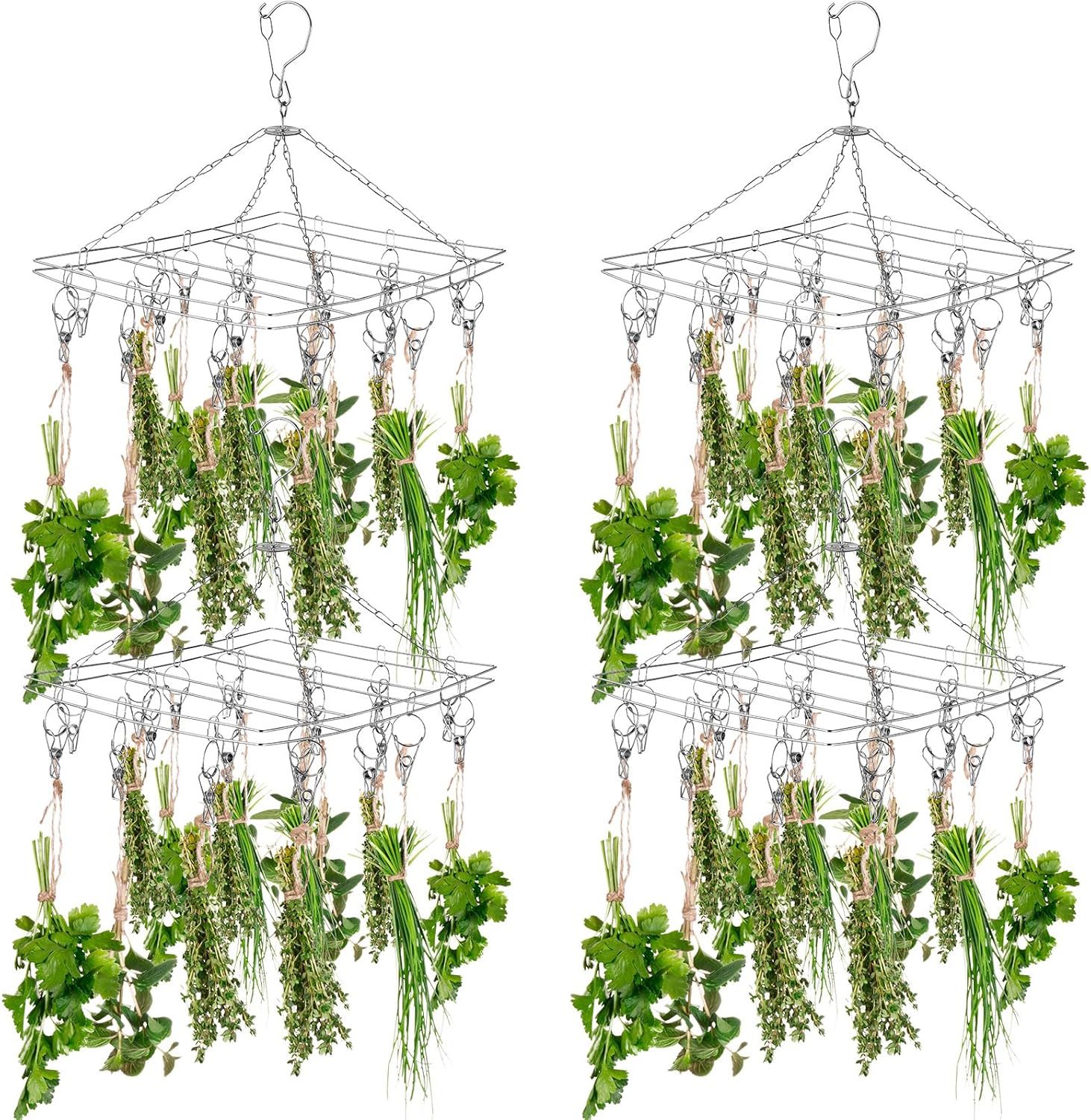 Bokon 4 Pcs Hanging Drying Rack for Herb Macrame Flower with Stainless Clip Dryer Hook for Drying Herb Air Plants Spices Flower Hydroponic Plant Ready to Use with Ceiling Hook(Square)