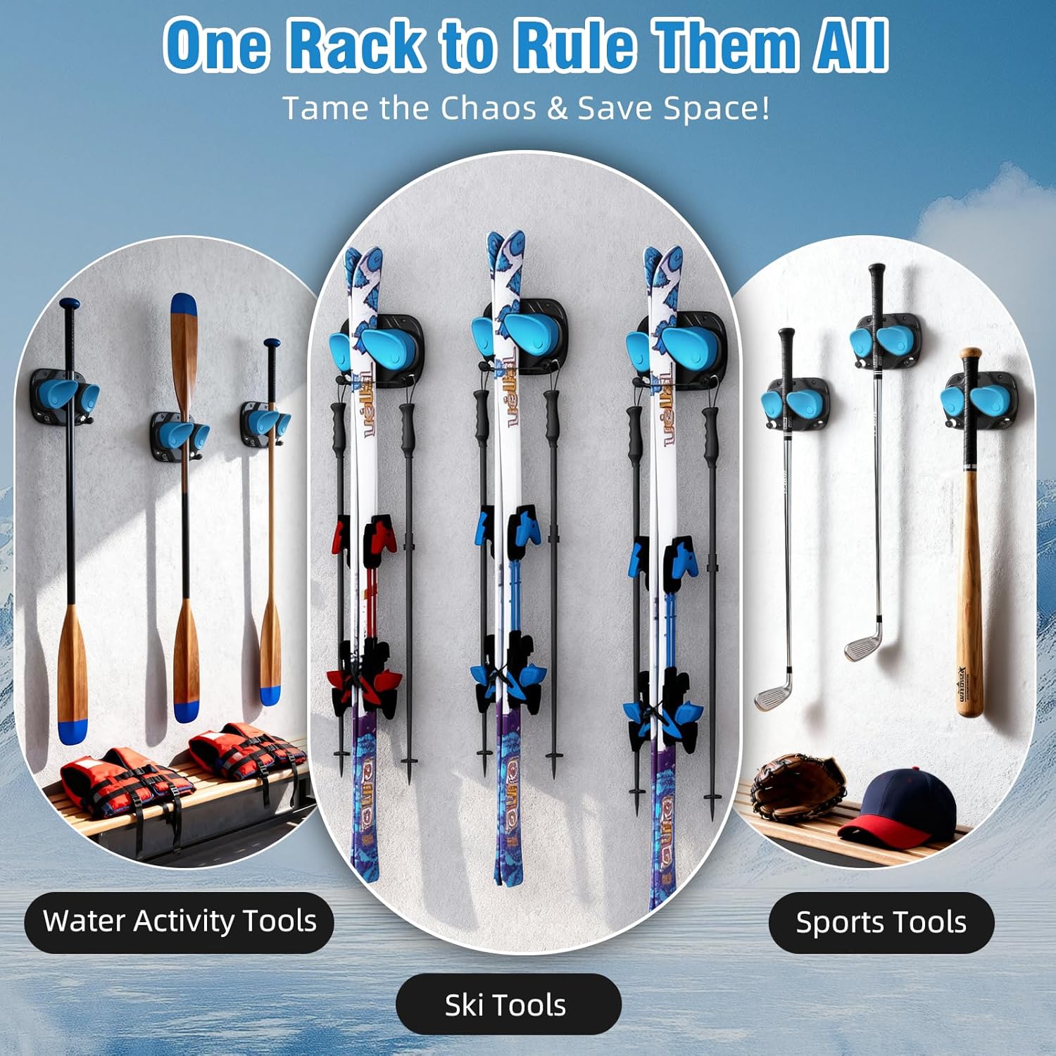 WDZREE Ski & Snowboard Wall Rack for Garage, Fits Any Ski or Board, Ski Wall Mount Garage Organization Holders, Damage-Free Storage Rack, Space-Saving Clamp Winter Gear Organizer, Blue (4 Pack) - Image 6