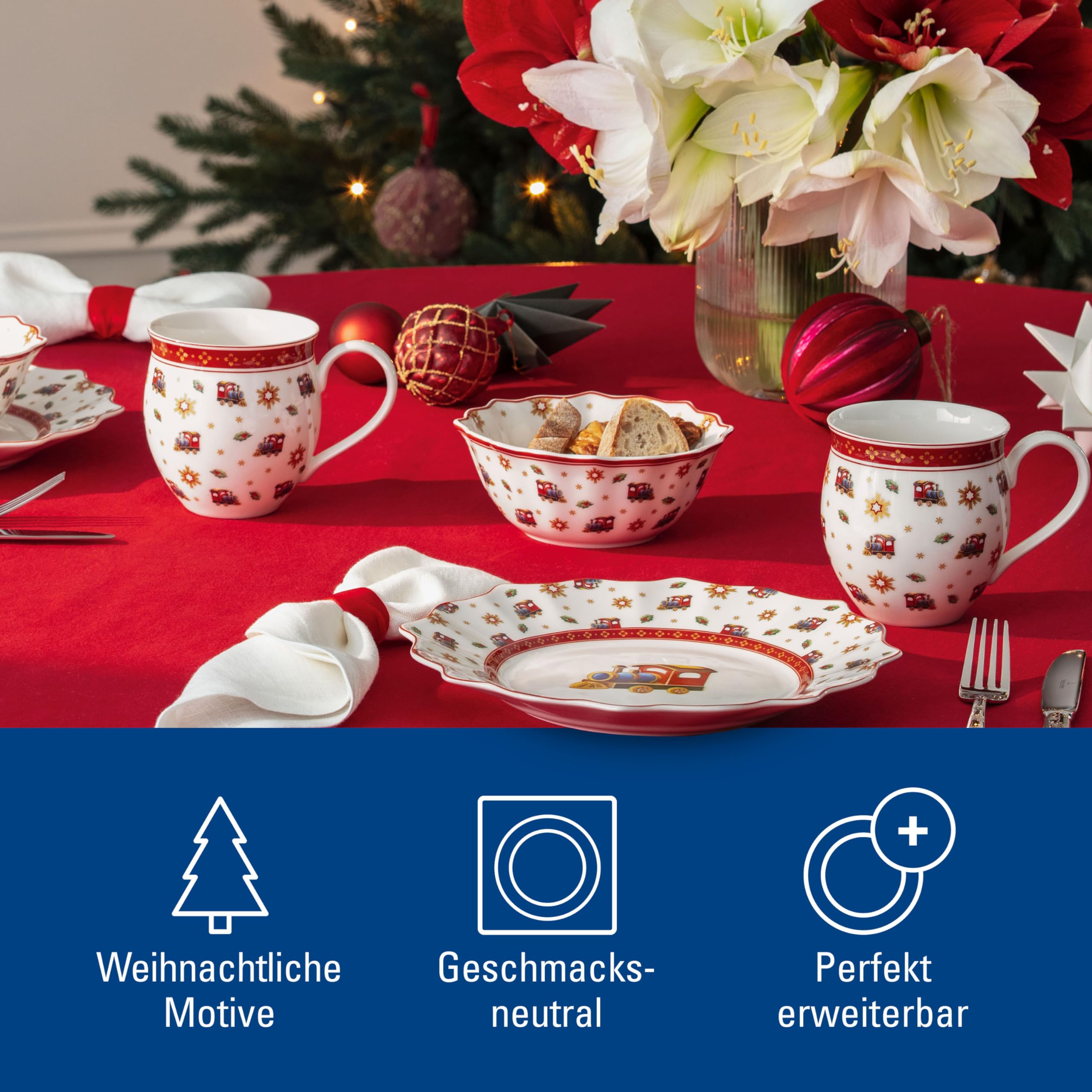 Villeroy & Boch - Toy's Delight Jubiläums-Becher Set 4 Teilig Bunt, Weihnachten, Becher Set für 4 Personen, Kaffeebecher, Kaffeetassen, Weihnachtsmotiv, Weihnachtsgeschirr, Premium Porzellan