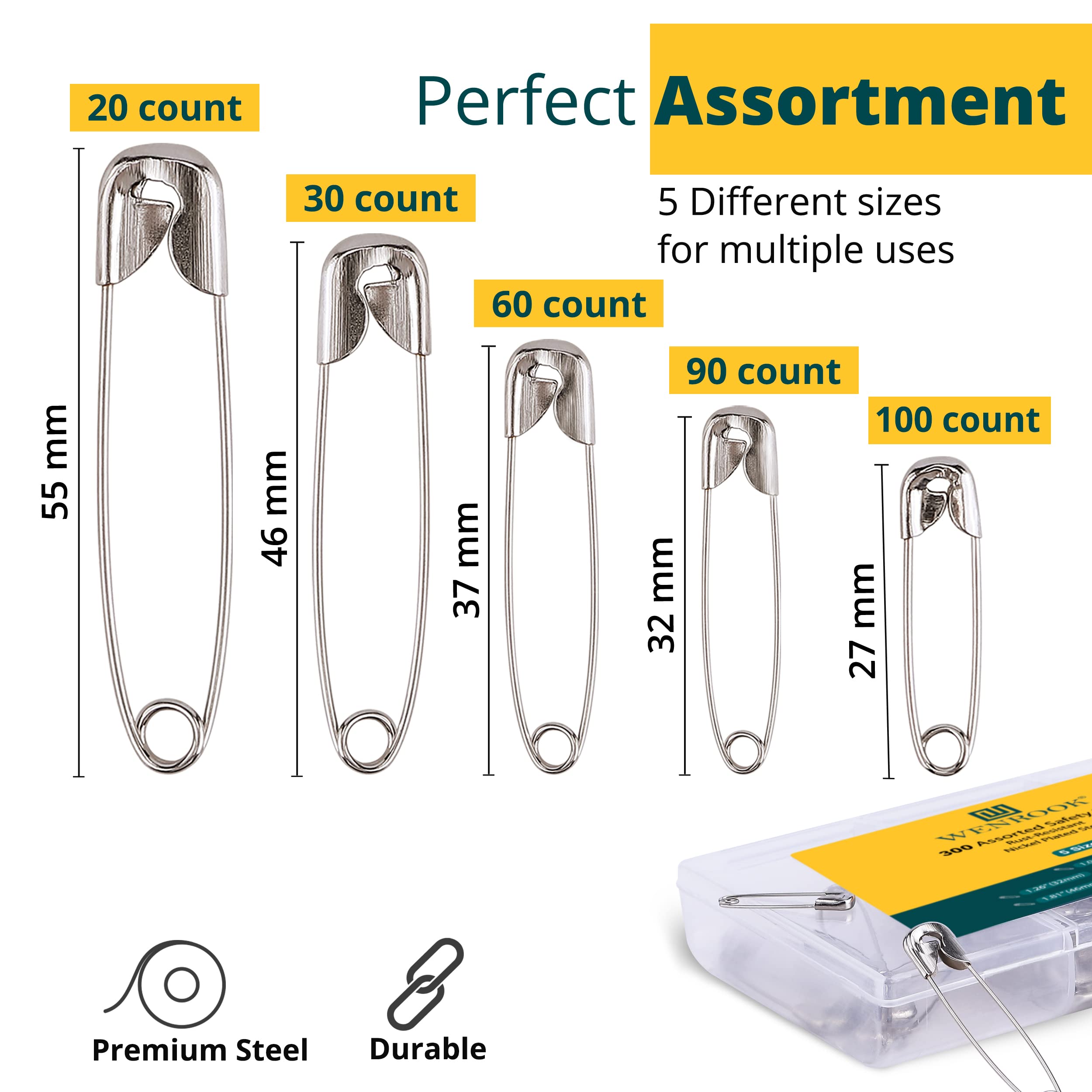 Wenrook Safety Pins Assorted 300 Pack – Strong Nickel Plated Steel, 5 Different Size Safety Pin, Rust Resistant Large Safety Pins, Heavy Duty Safety Pins for Clothes, Crafts, Sewing and More 1
